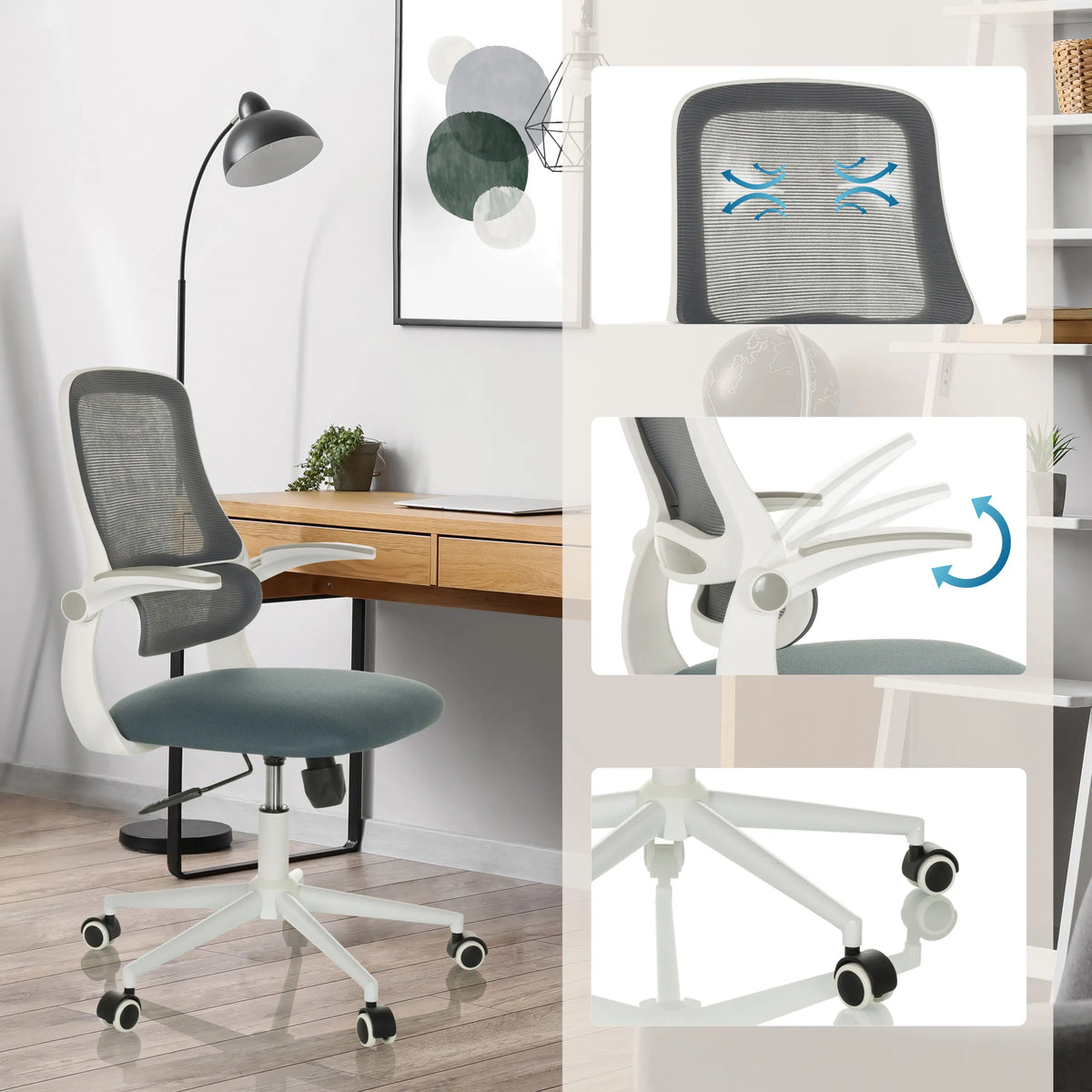 Silla Home Office MIKO W ECO en gris con respaldo de malla transpirable, reposabrazos ajustables y ruedas de hjh OFFICE