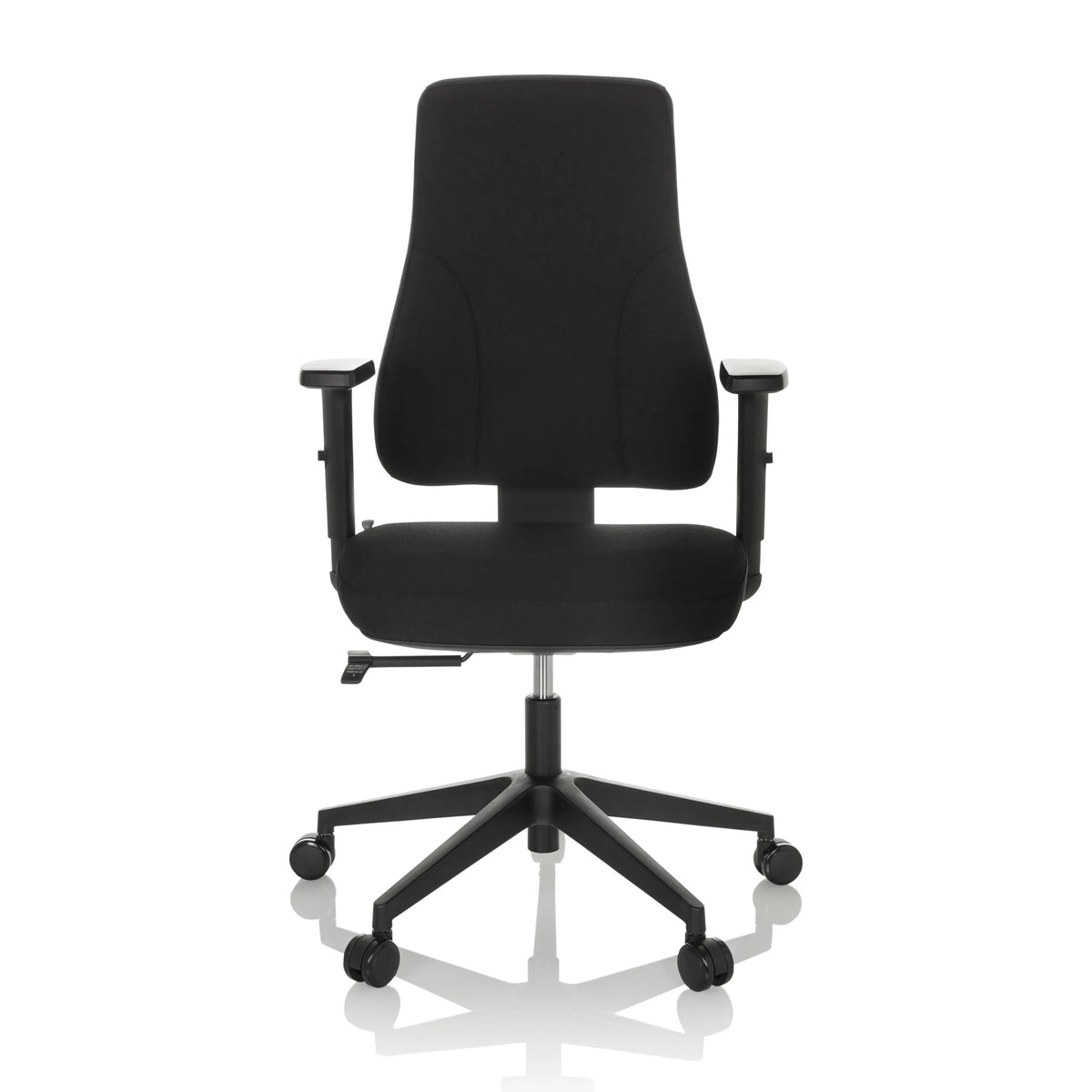 Silla de oficina profesional MATHES negra con reposabrazos y base de cinco ruedas de hjh OFFICE – vista de 360° (vista frontal 0°)