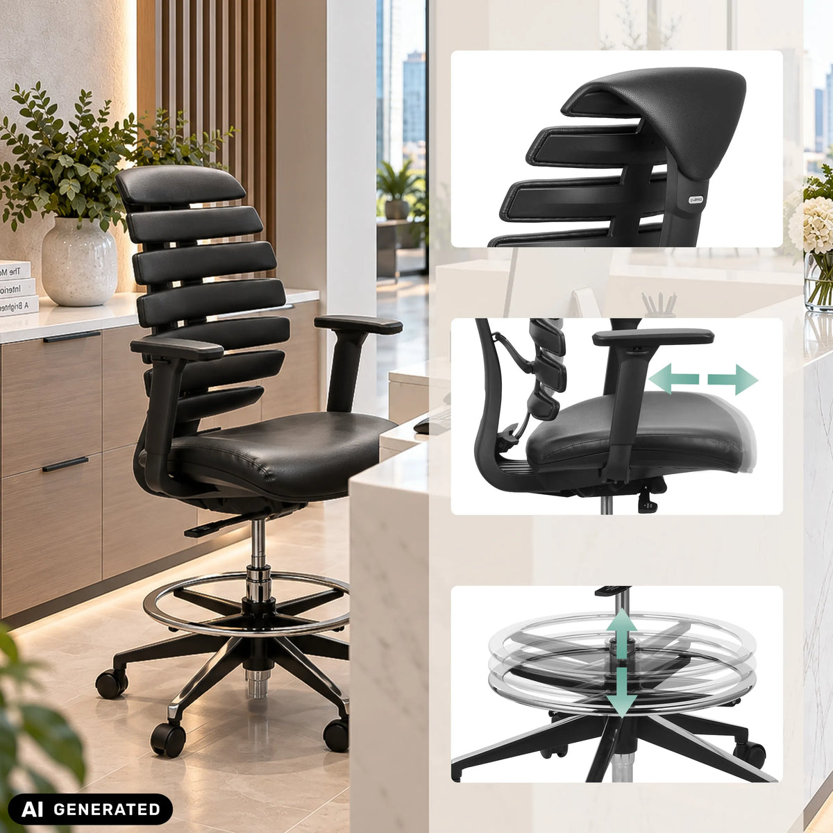 Silla de mostrador ERGO LINE II WORK de cuero negro con reposapiés y reposabrazos ajustables de hjh OFFICE (imagen generada por IA)