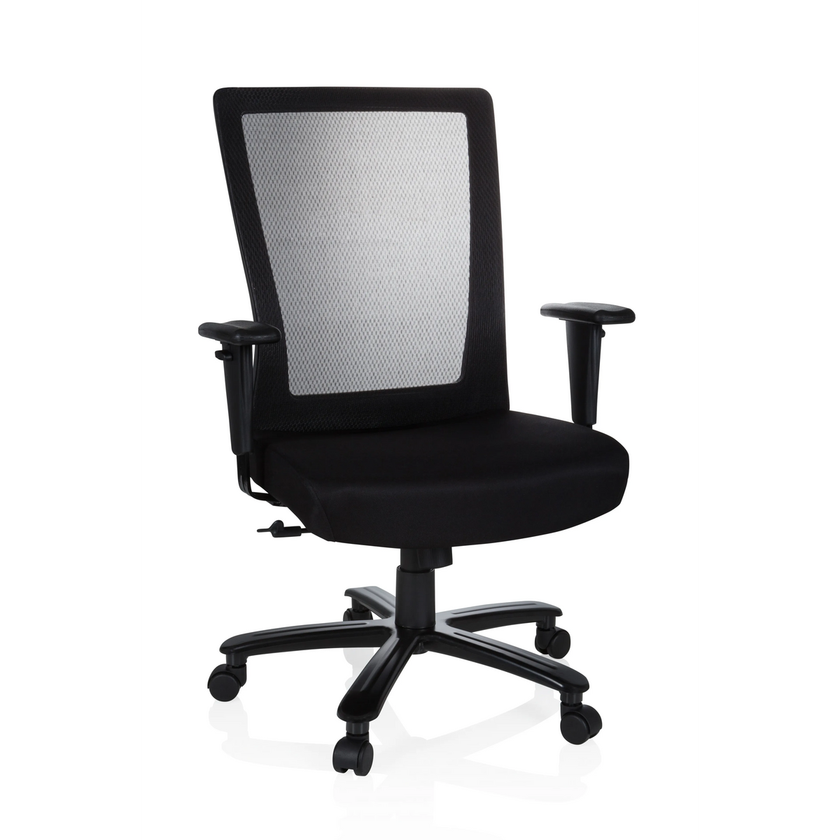 Schwarzer Drehstuhl XXL EXTENDER mit Netzrücken und Fußkreuz mit fünf Rollen von hjh OFFICE – 360-Grad-Ansicht (Frontansicht 20°)
