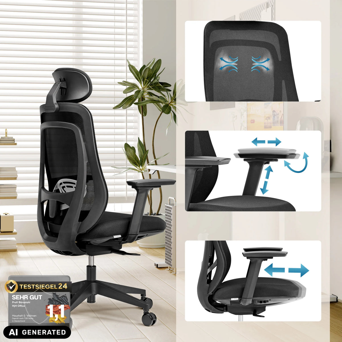 Silla de oficina profesional Vivadapt con reposacabezas ajustable y reposabrazos 3D de hjh OFFICE (imagen generada por IA)