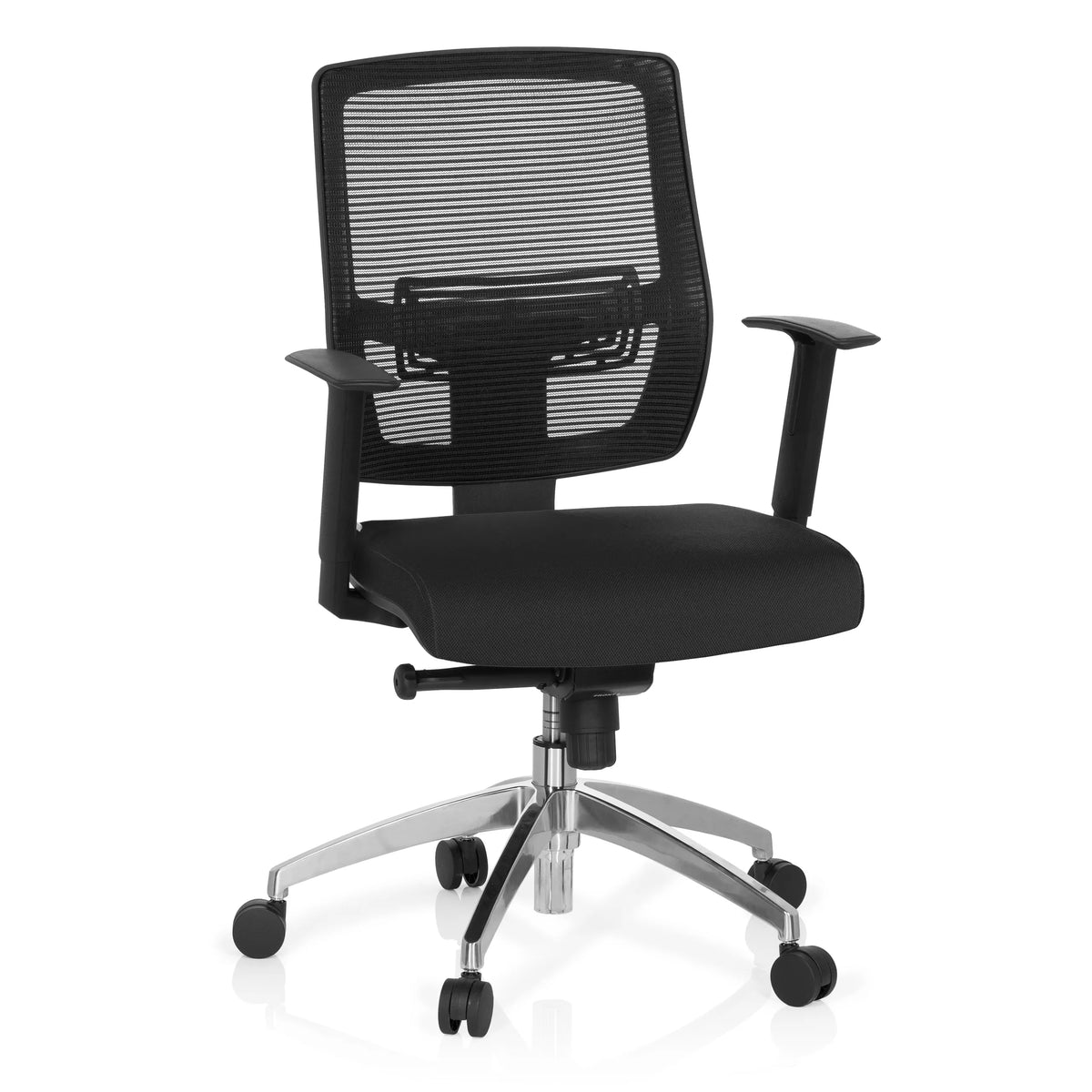 Silla de oficina profesional NET 90 negra con respaldo de malla y base de cinco ruedas de hjh OFFICE – vista de 360° (vista frontal 20°)