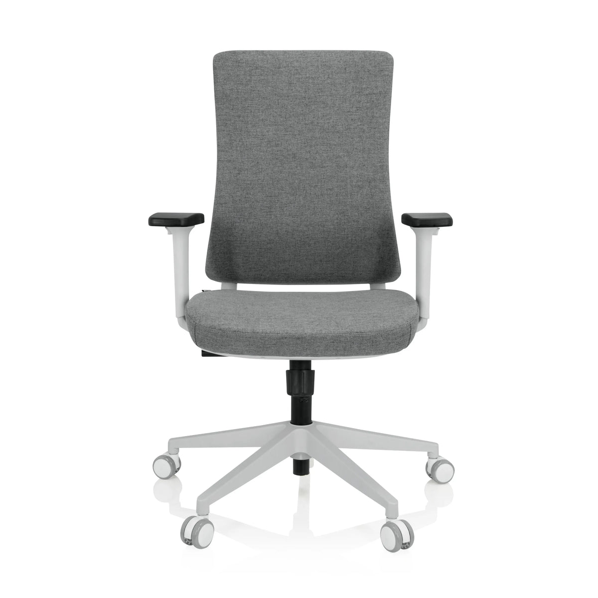 Silla de oficina profesional COMFIO WP gris con reposabrazos y base blanca de cinco ruedas de hjh OFFICE – vista de 360° (vista frontal 0°)