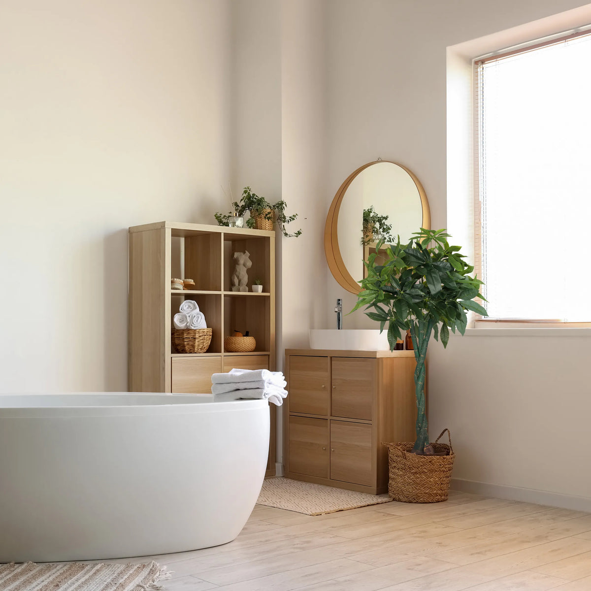 Planta artificial PACHIRA de color verde en una cesta tejida en un baño luminoso de hjh OFFICE