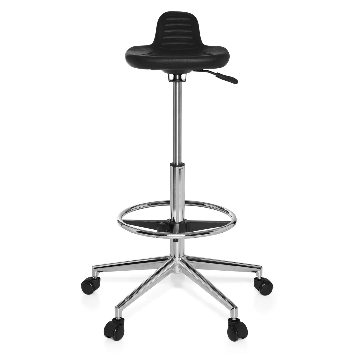 taburete giratorio negro TOP WORK 03 con aro reposapiés y base de cinco ruedas de hjh OFFICE – vista de 360° (vista frontal 0°)
