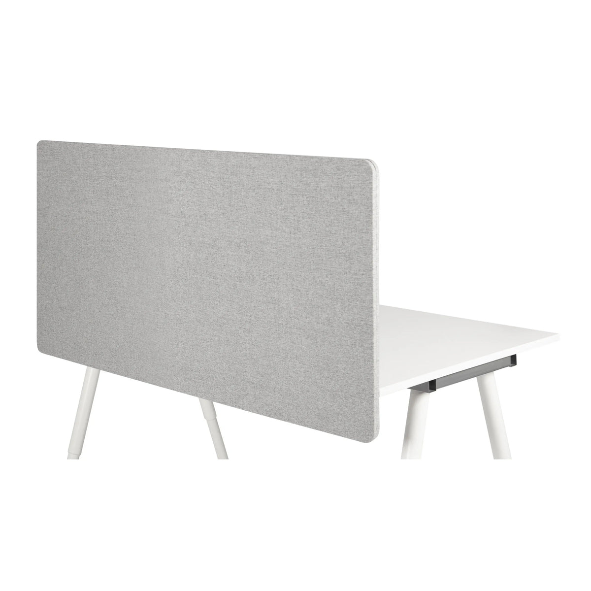 Separador de mesa FLEXMIUT D 120 en gris claro jaspeado sobre un escritorio blanco de hjh OFFICE – vista de 360° (vista trasera 180°)