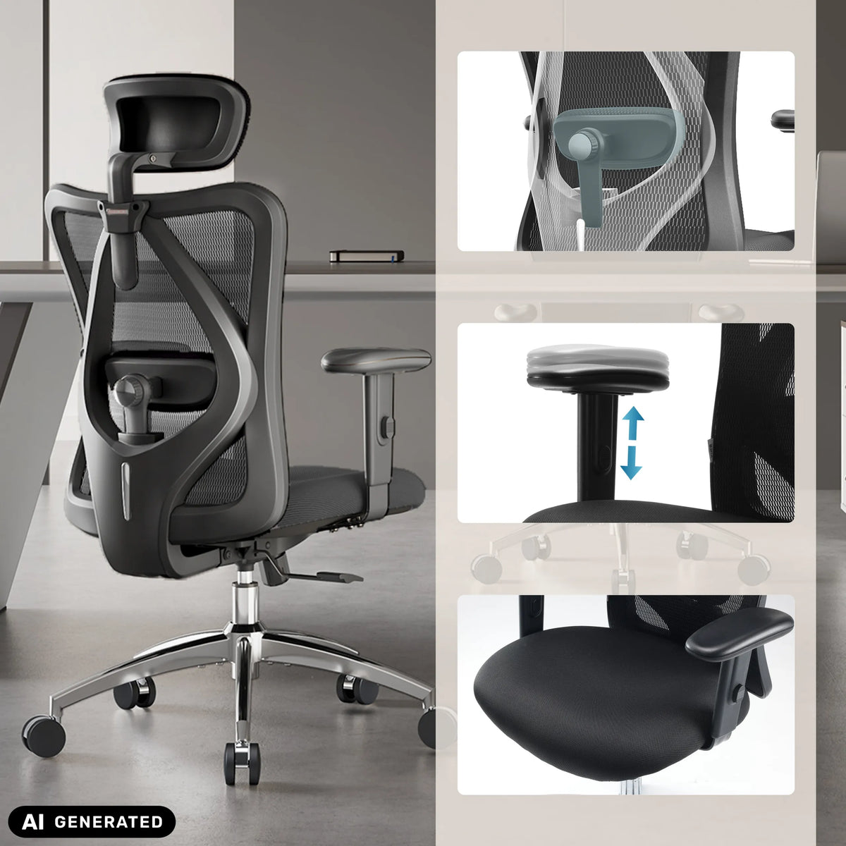 Reposabrazos regulable en altura y respaldo de malla de la silla de oficina profesional M18-M148 en negro de Sihoo (imagen generada por IA)