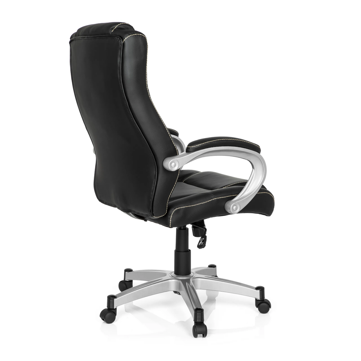 Silla gaming RELAX CL180 negra con acolchado y base de cinco ruedas de MyBuero – vista de 360° (vista trasera en diagonal 120°)