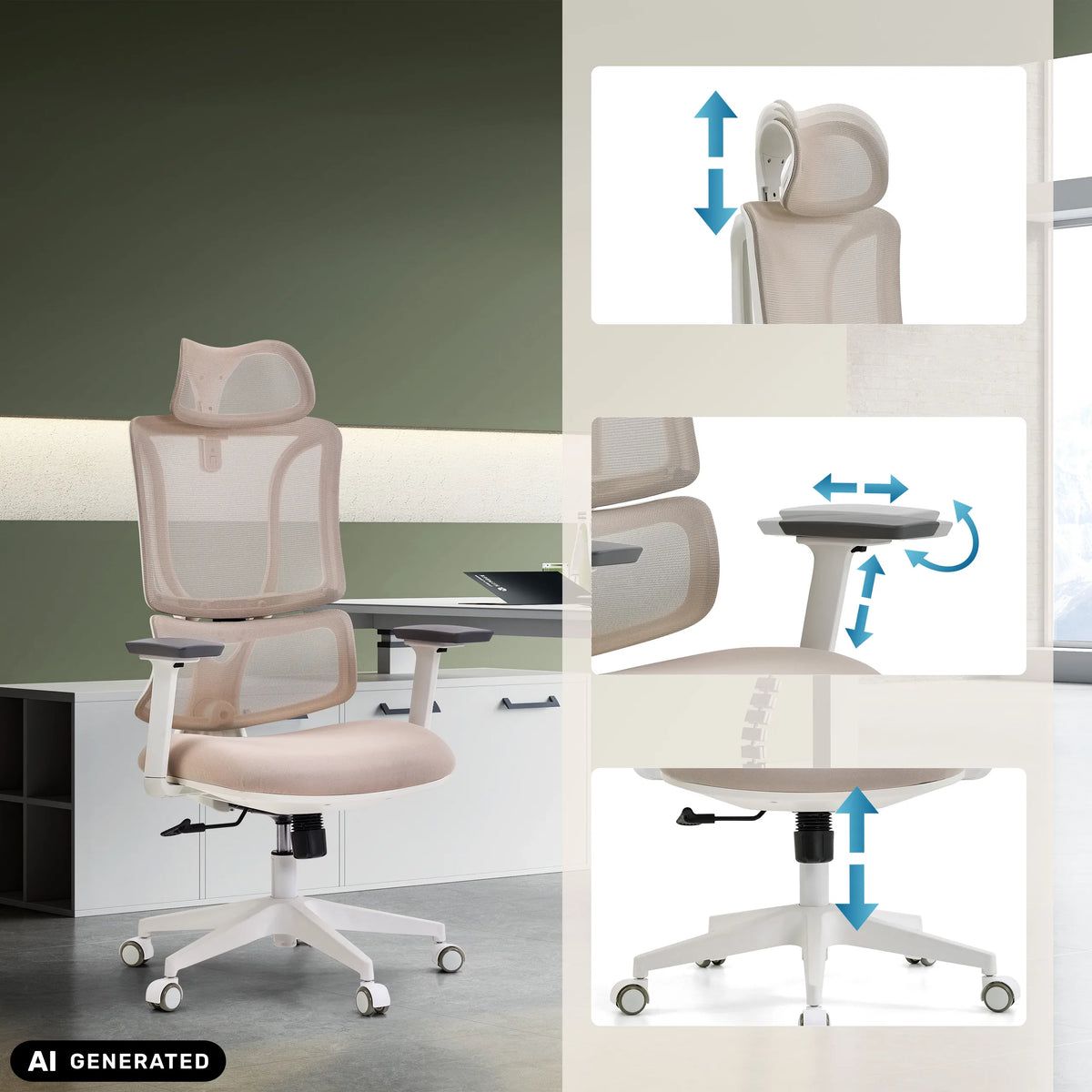 Reposacabezas, reposabrazos y altura del asiento ajustables de la silla de oficina profesional ERGOMY W en beige de MyBuero (imagen generada por IA)