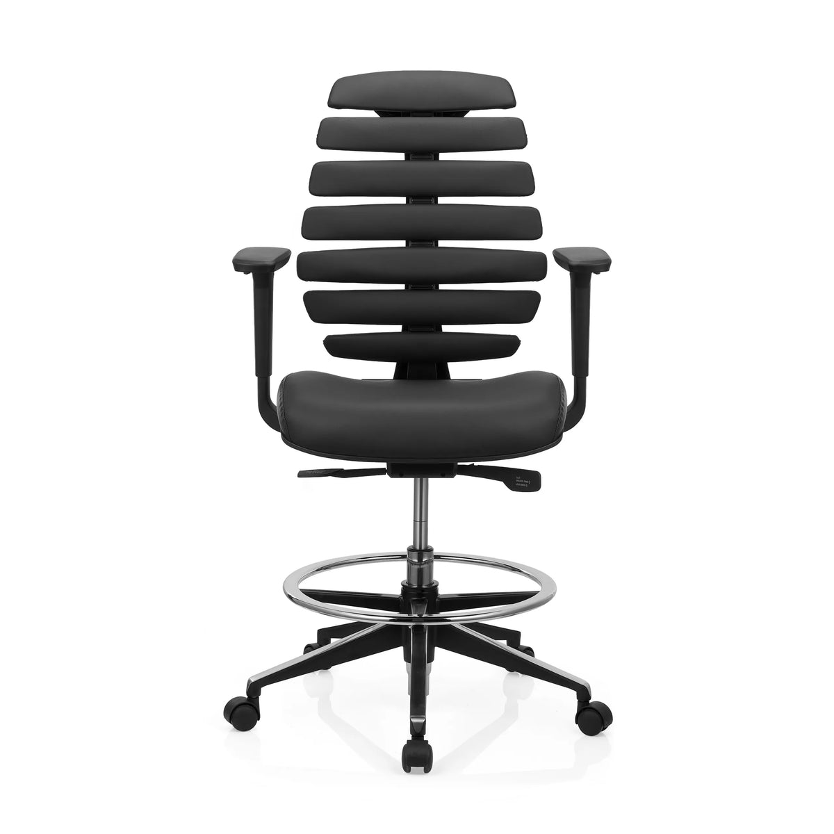 Silla de mostrador ERGO LINE II WORK de cuero negra con reposapiés y base de cinco ruedas de hjh OFFICE – vista de 360° (vista frontal 0°)