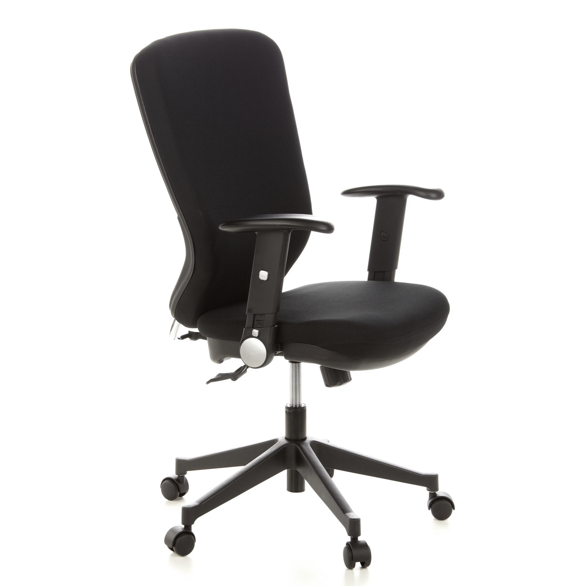 Silla de oficina profesional TRAFFIC 30 negra con reposabrazos y base de cinco ruedas de hjh OFFICE – vista de 360° (vista frontal en diagonal 60°)