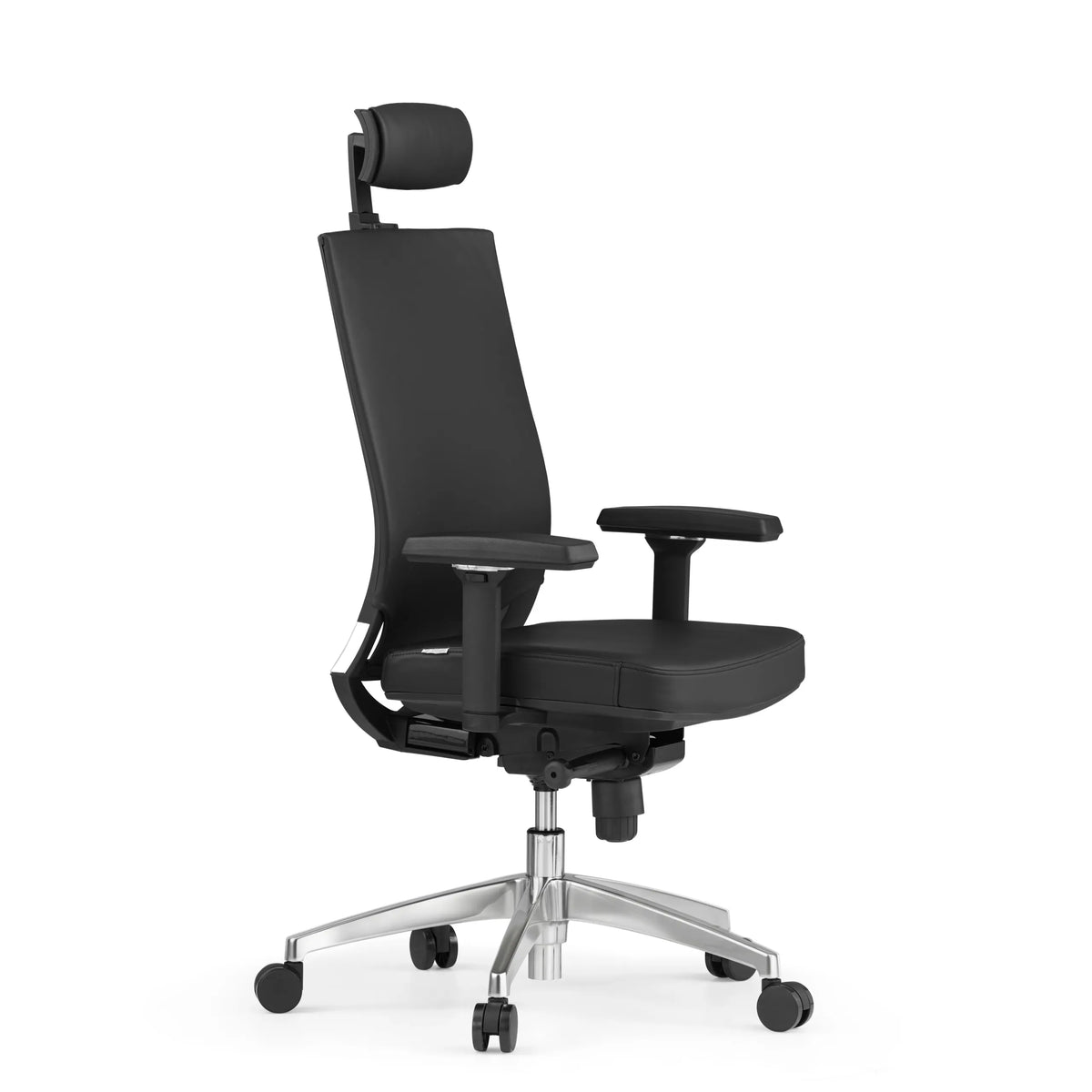Silla de oficina profesional PORTO MAX HIGH negra de cuero con reposacabezas y base de cinco ruedas de hjh OFFICE – vista de 360° (vista frontal en diagonal 60°)