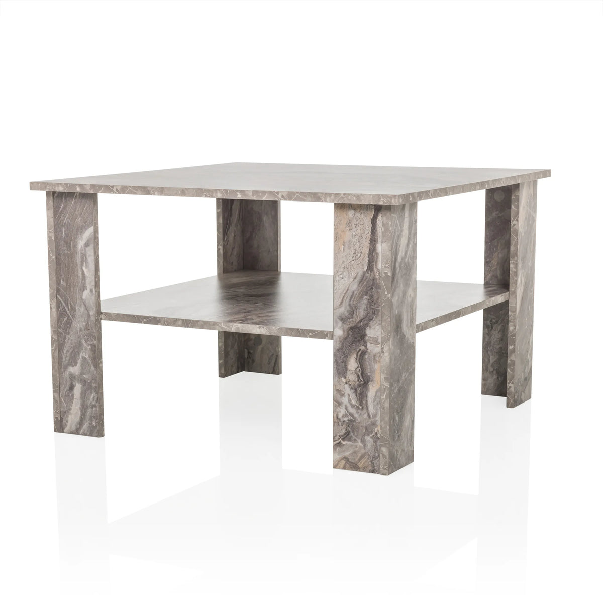 Mesa de centro gris BISMO con un estante con efecto mármol de hjh LIVING – vista de 360° (vista frontal en diagonal 45°)