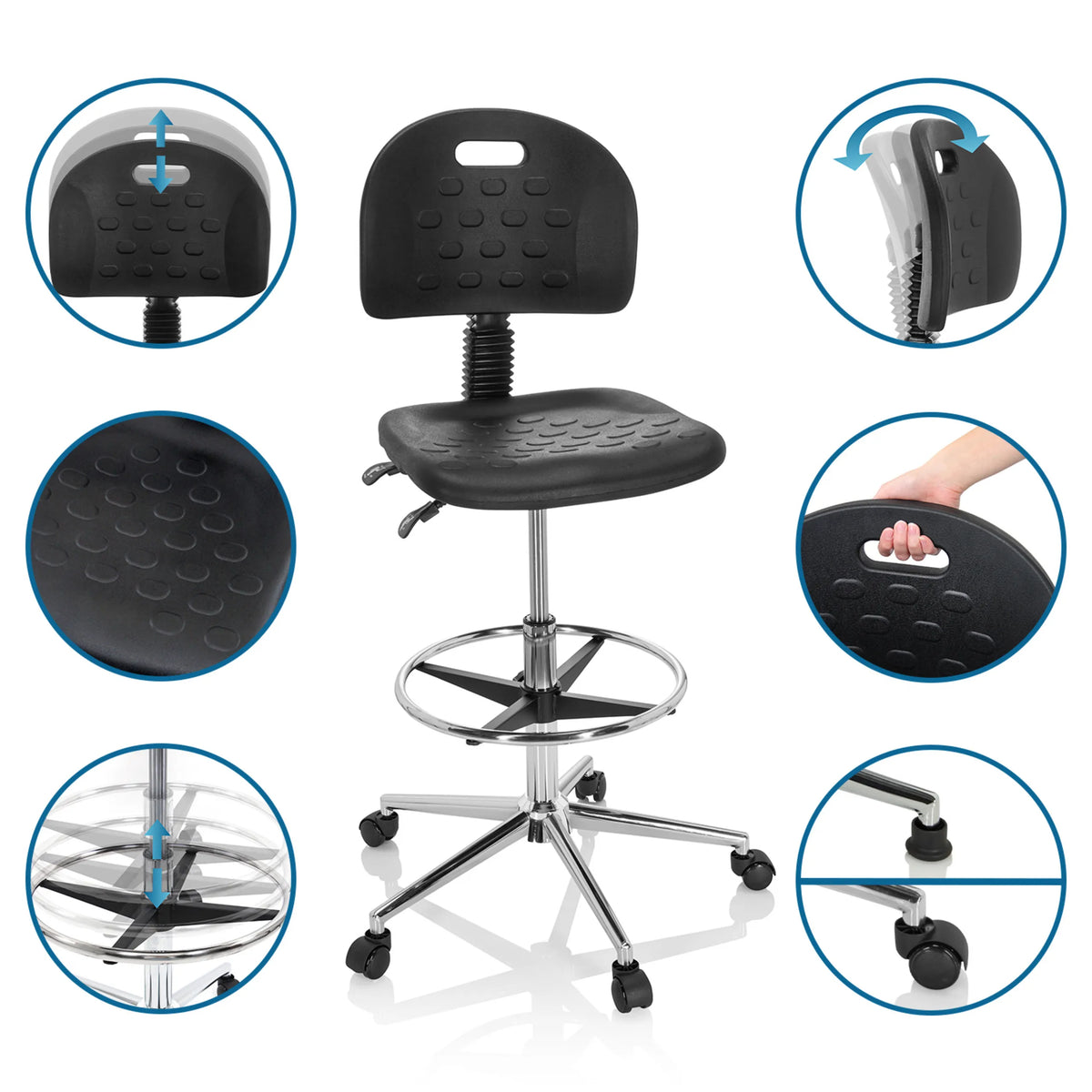 Características de la silla de mostrador TOP WORK 23 I con respaldo ajustable y reposapiés en negro de hjh OFFICE