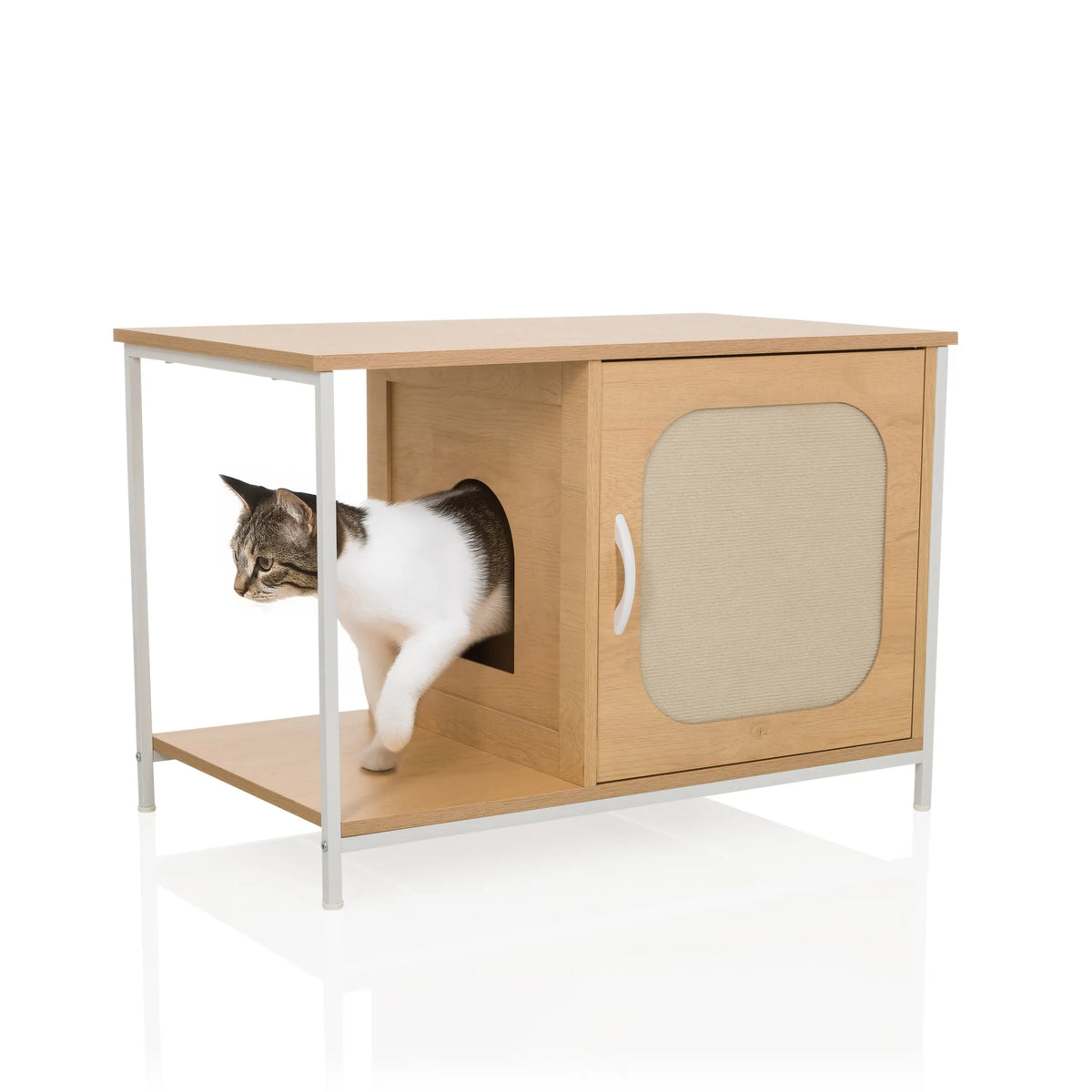 Casa para gatos KITTYHOME 1 en haya y blanco con una entrada redonda y una puerta con asa de hjh LIVING