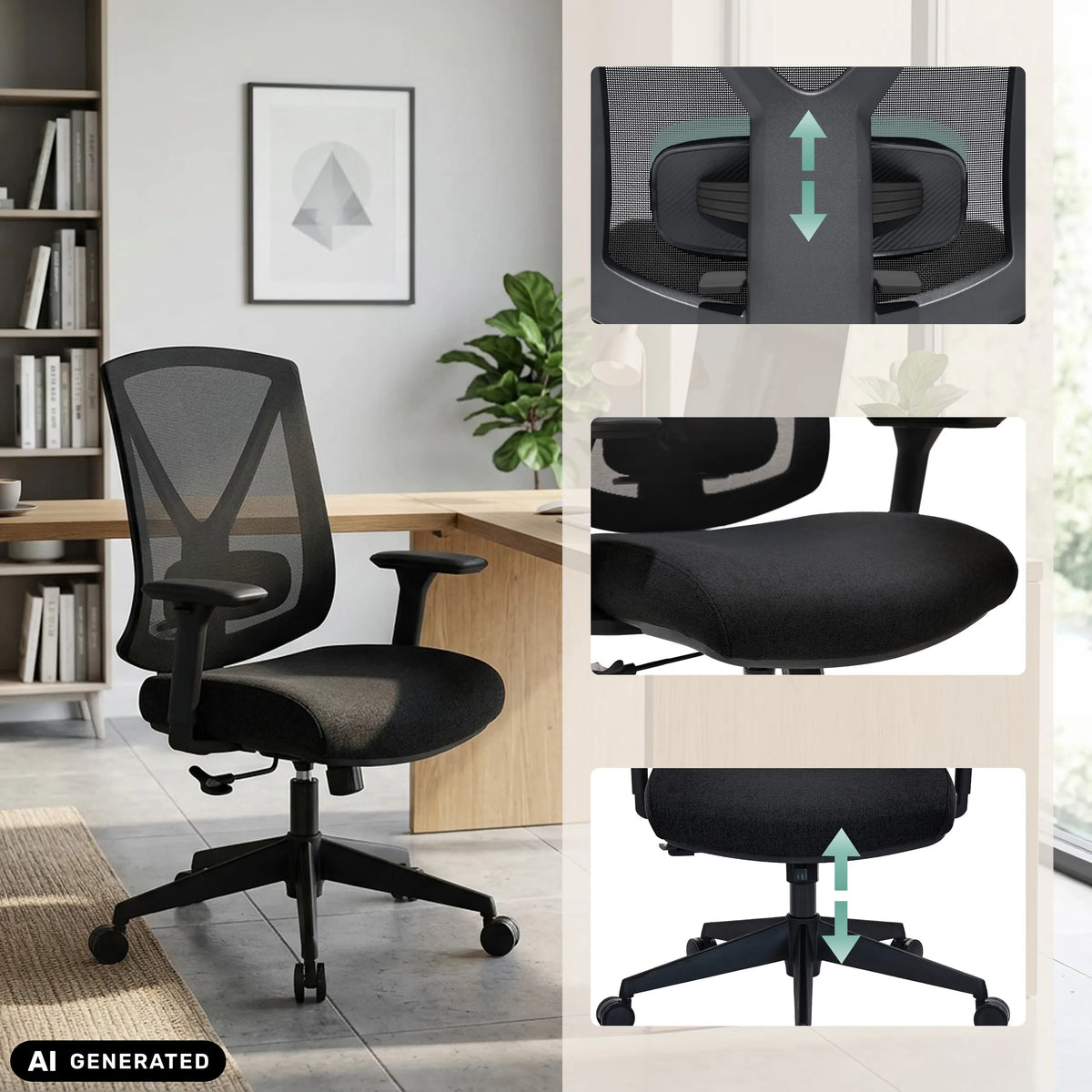 Silla de oficina profesional Mirou en negro con respaldo y altura del asiento ajustables de hjh OFFICE (imagen generada por IA)