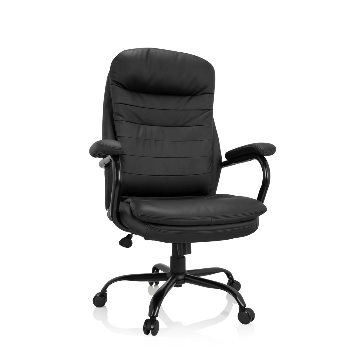 Silla giratoria RELAX XXL B negra de cuero sintético con base de estrella y cinco ruedas de hjh OFFICE – vista de 360° (vista frontal 20°)