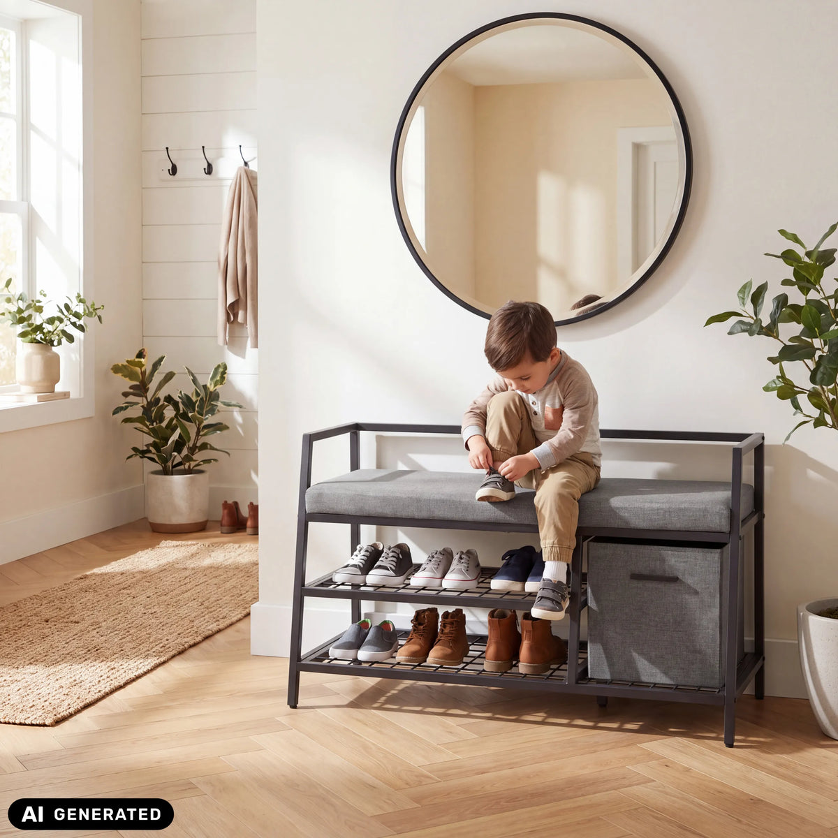Armario zapatero Estha Loft en negro y gris con cojín para asiento, dos niveles de almacenamiento y una cesta de tela de hjh LIVING