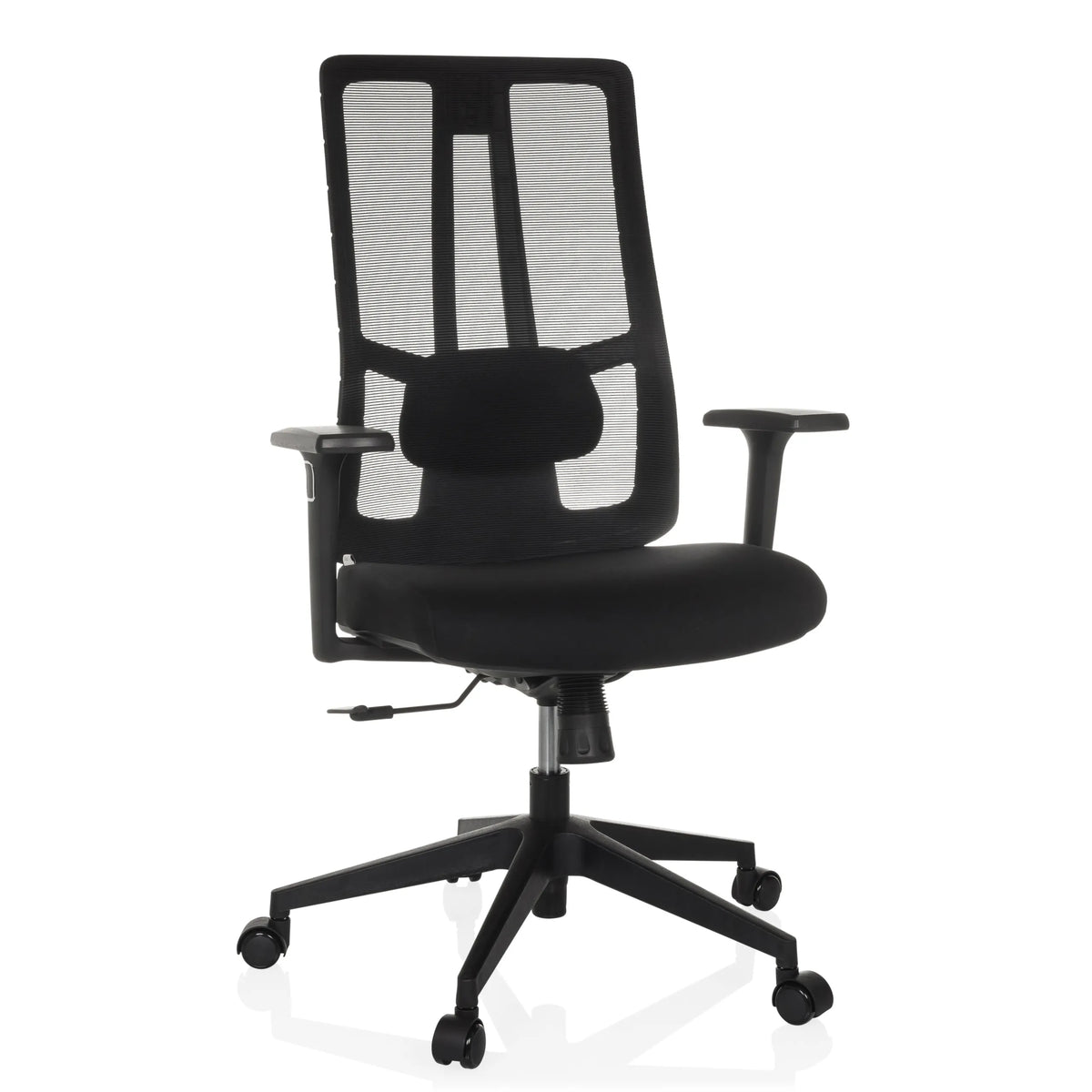 Silla de oficina profesional TRAMORE BASE negra con respaldo de malla y base de cinco ruedas de hjh OFFICE – vista de 360° (vista frontal 15°)