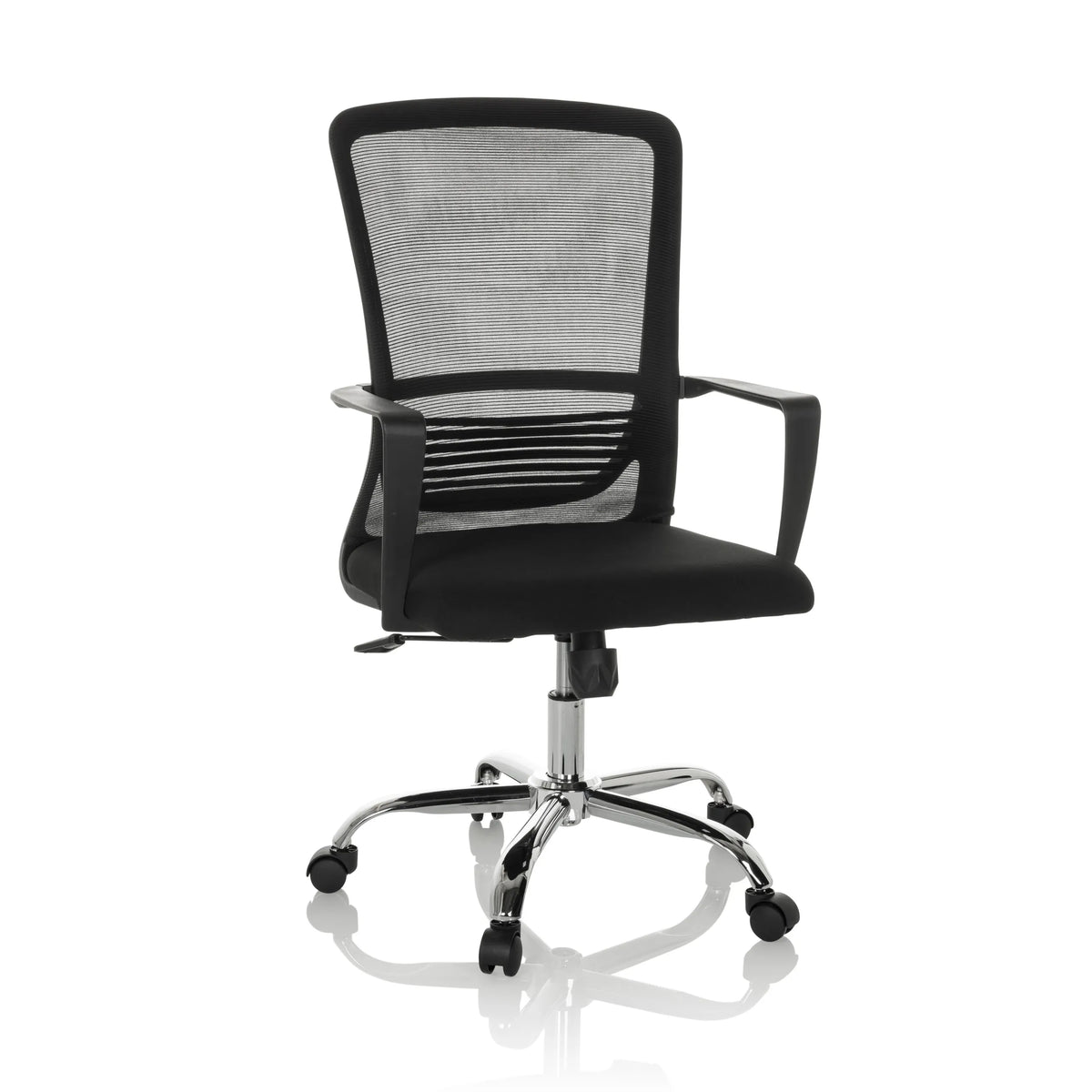 Silla Home Office STAR-TEC S negra con respaldo de malla y base de cinco ruedas de hjh OFFICE – vista de 360° (vista frontal 15°)