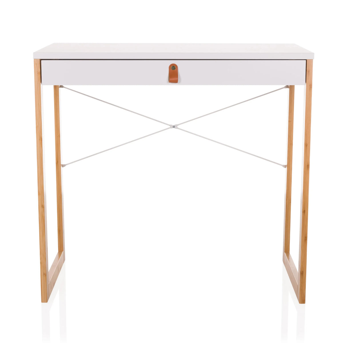 Escritorio blanco TAROLO II con un cajón, tirador de cuero marrón y patas de madera de hjh LIVING – vista de 360° (vista frontal 0°)