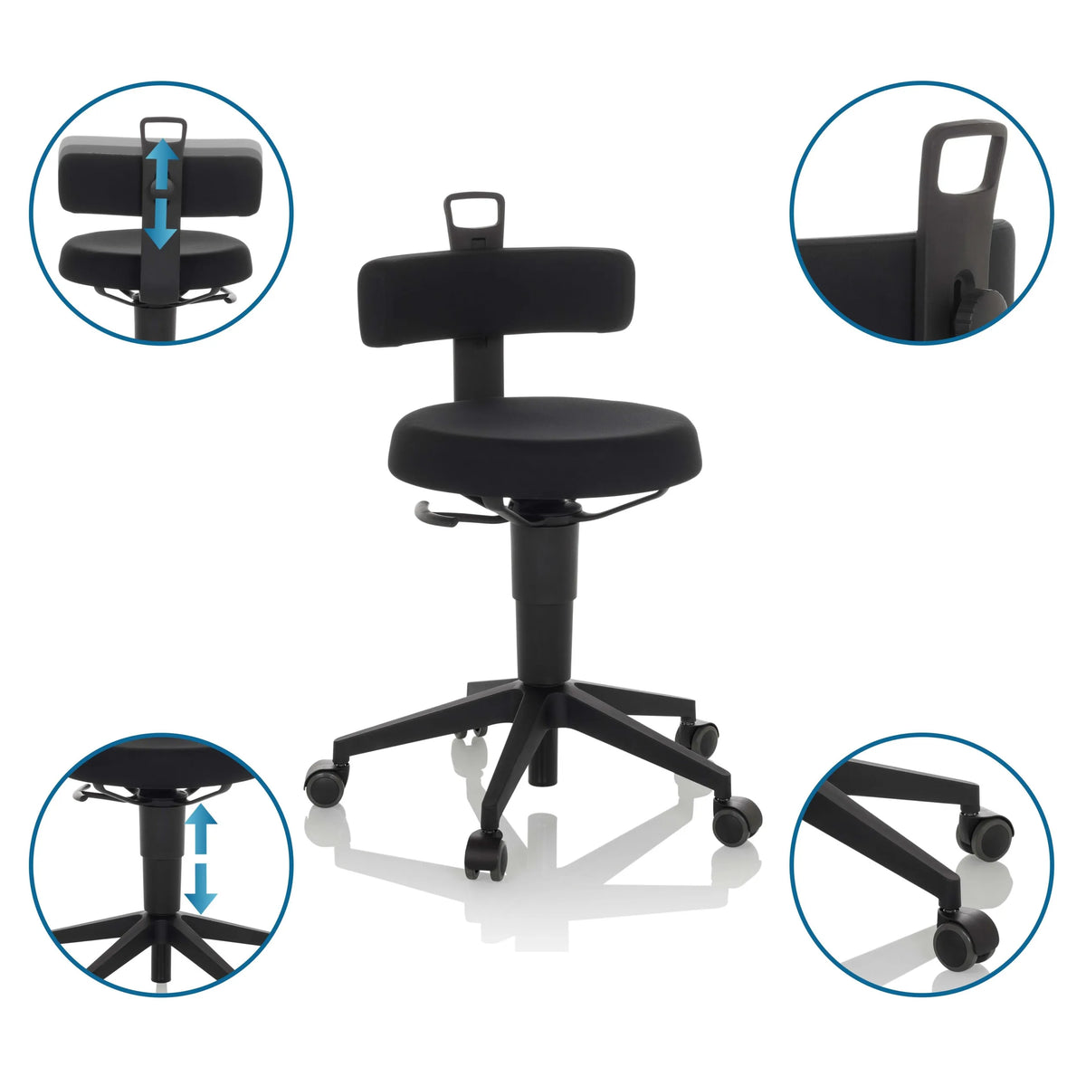 Taburete giratorio TOP WORK FLEX negro con asiento regulable en altura, respaldo y ruedas de hjh OFFICE