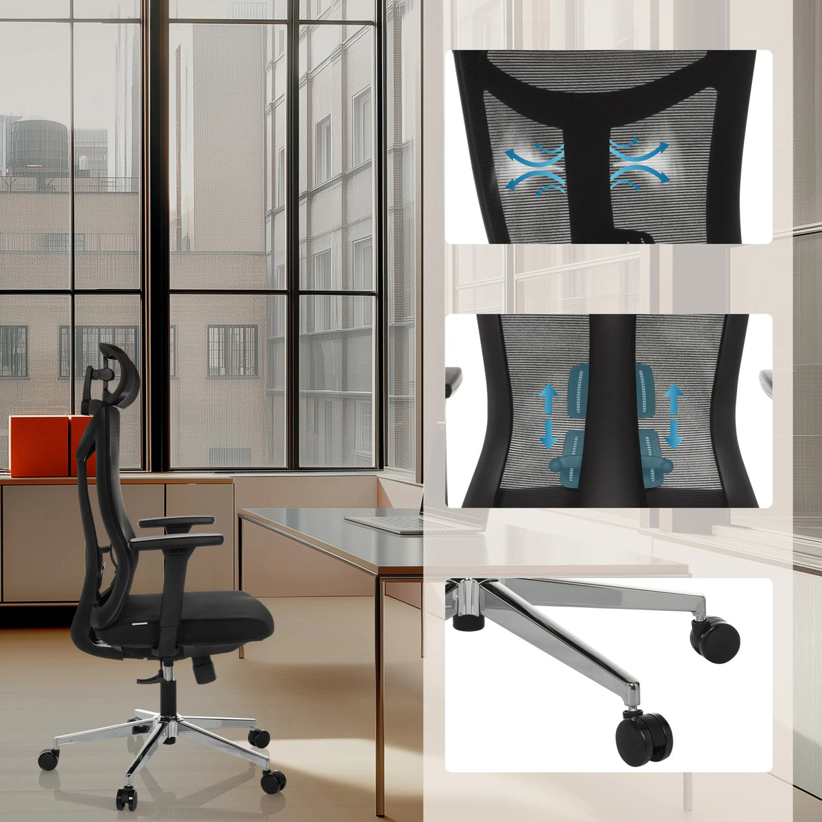 Silla de oficina profesional KAMIAK en negro con respaldo de malla, soporte lumbar y base pulida con ruedas de hjh OFFICE