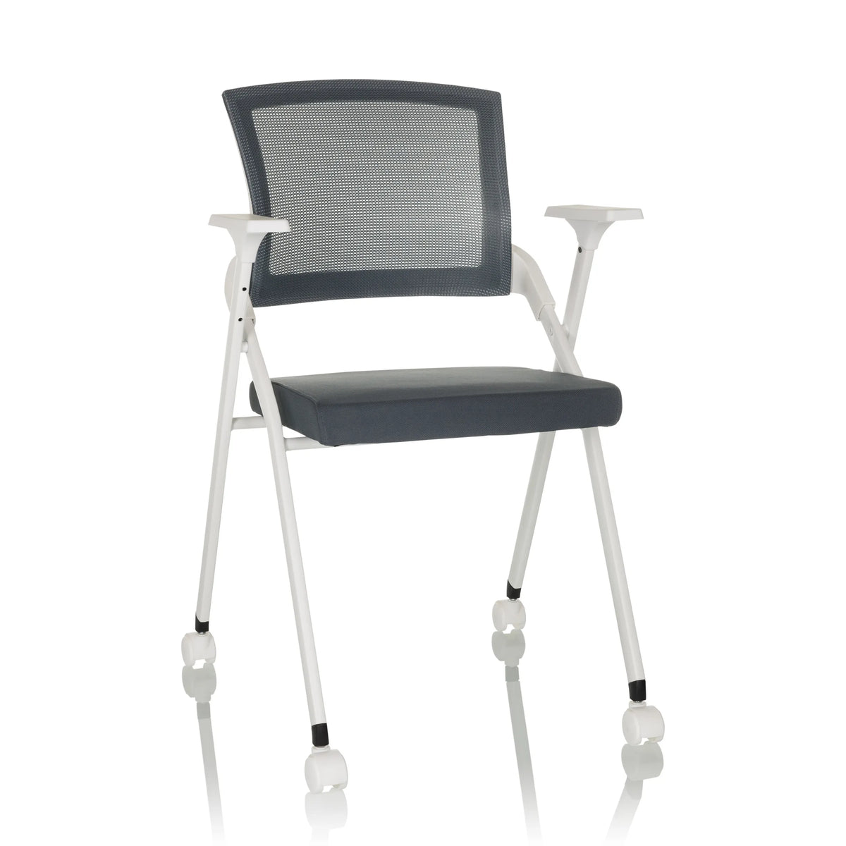 silla plegable PRIORITY II W gris con respaldo de malla, reposabrazos y ruedas de hjh OFFICE – vista de 360° (vista frontal 15°)
