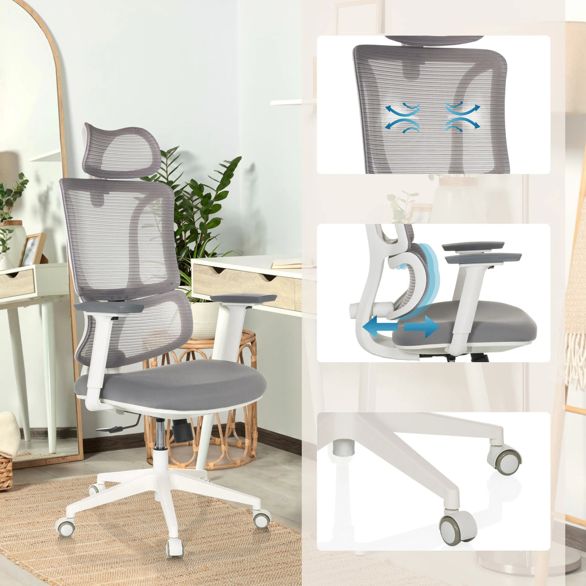 Silla de oficina profesional ERGOMY W en gris y blanco con respaldo de malla, mecanismo de respaldo ajustable y base de MyBuero