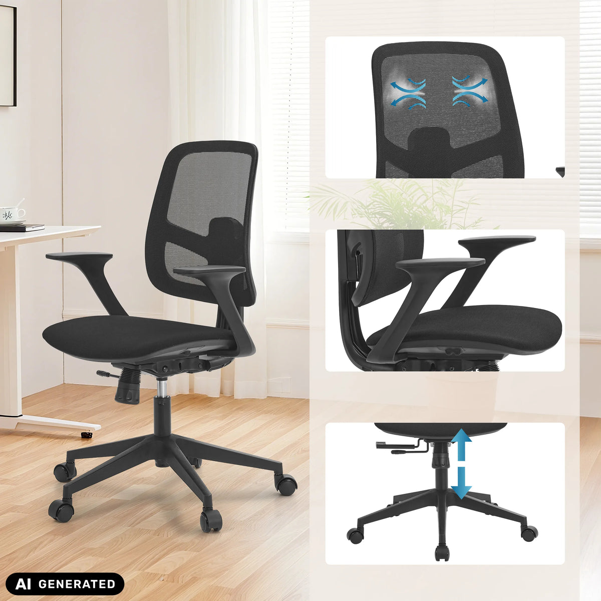Silla Home Office Malio en negro con respaldo de malla y base regulable en altura de hjh OFFICE (imagen generada por IA)