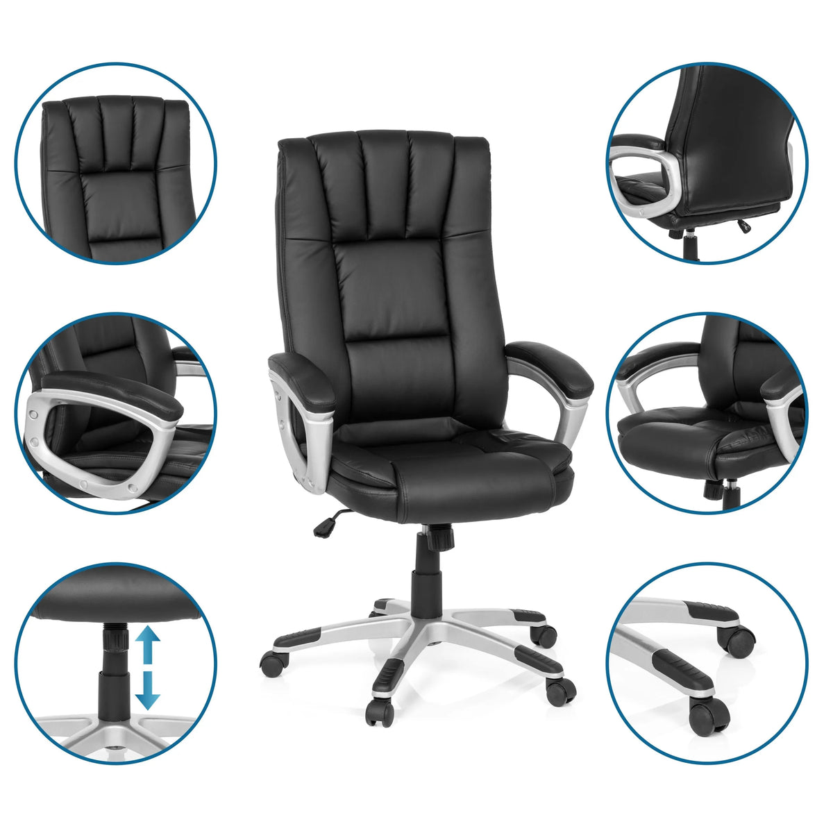 Silla Home Office RELAX CL150 en color negro con vistas detalladas del respaldo, los reposabrazos y el pistón de gas de MyBuero