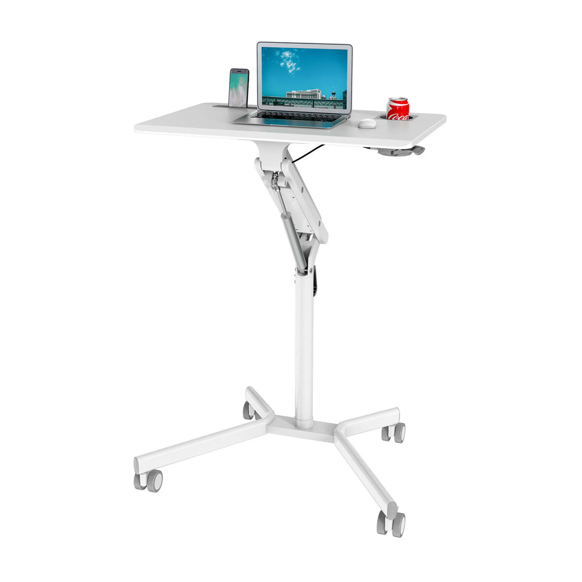 Escritorio de pie blanco STAND VM-SU I con estructura regulable en altura y cuatro ruedas de hjh OFFICE