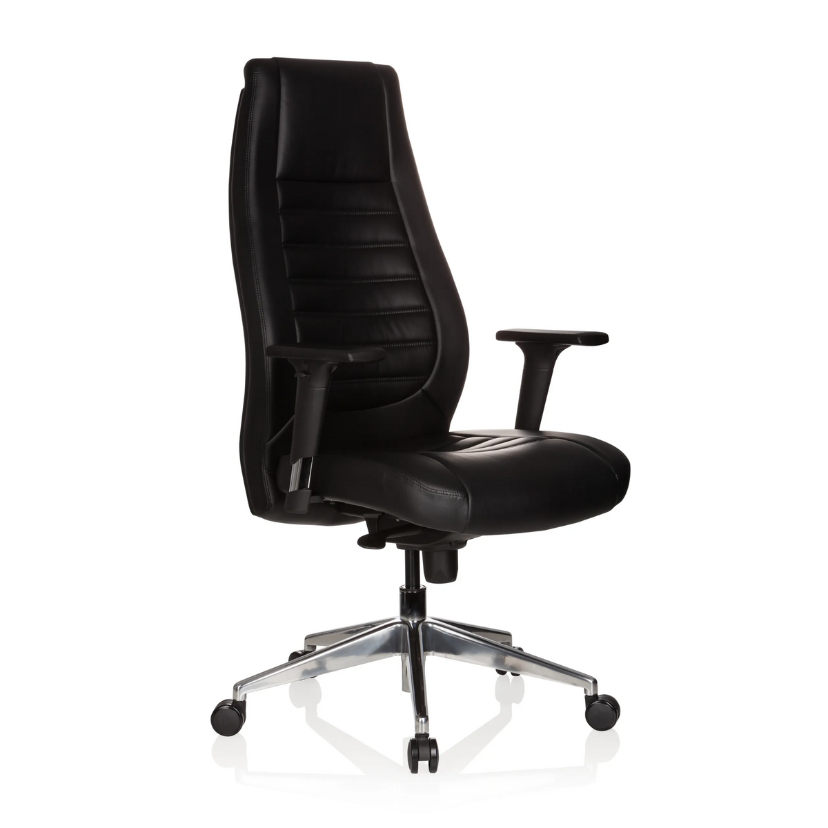 Sillón de oficina profesional VITORO negro con respaldo acolchado y base de cinco ruedas de hjh OFFICE – vista de 360° (vista frontal en diagonal 40°)
