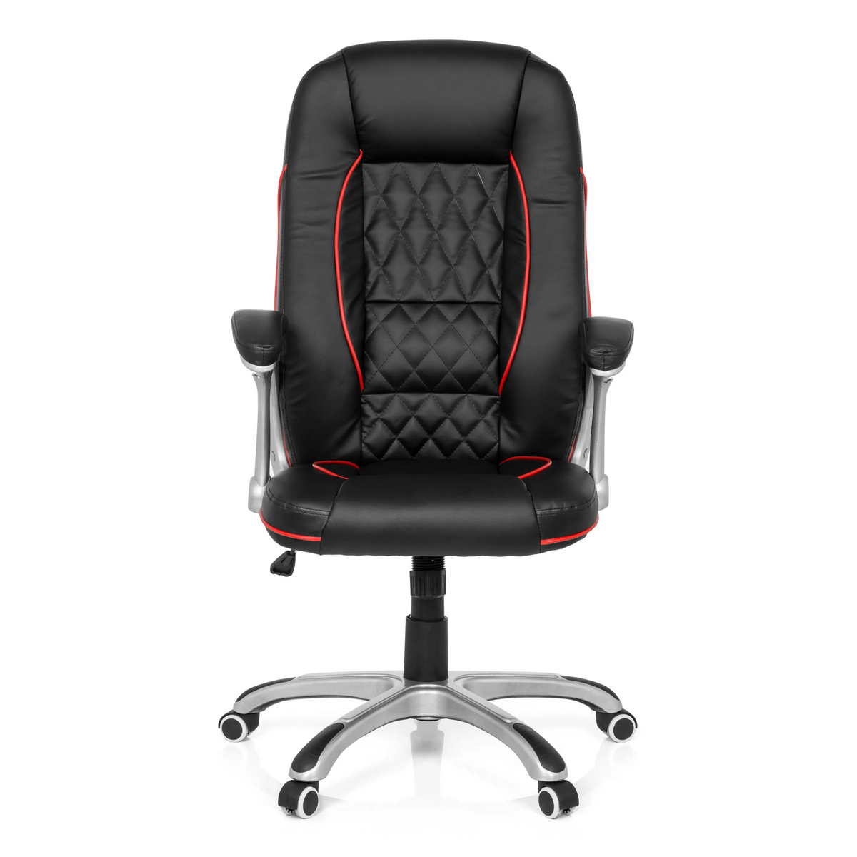 Silla gaming RELAX AB100 negra con costuras decorativas rojas, acolchado y base de cinco ruedas de MyBuero – vista de 360° (vista frontal 0°)
