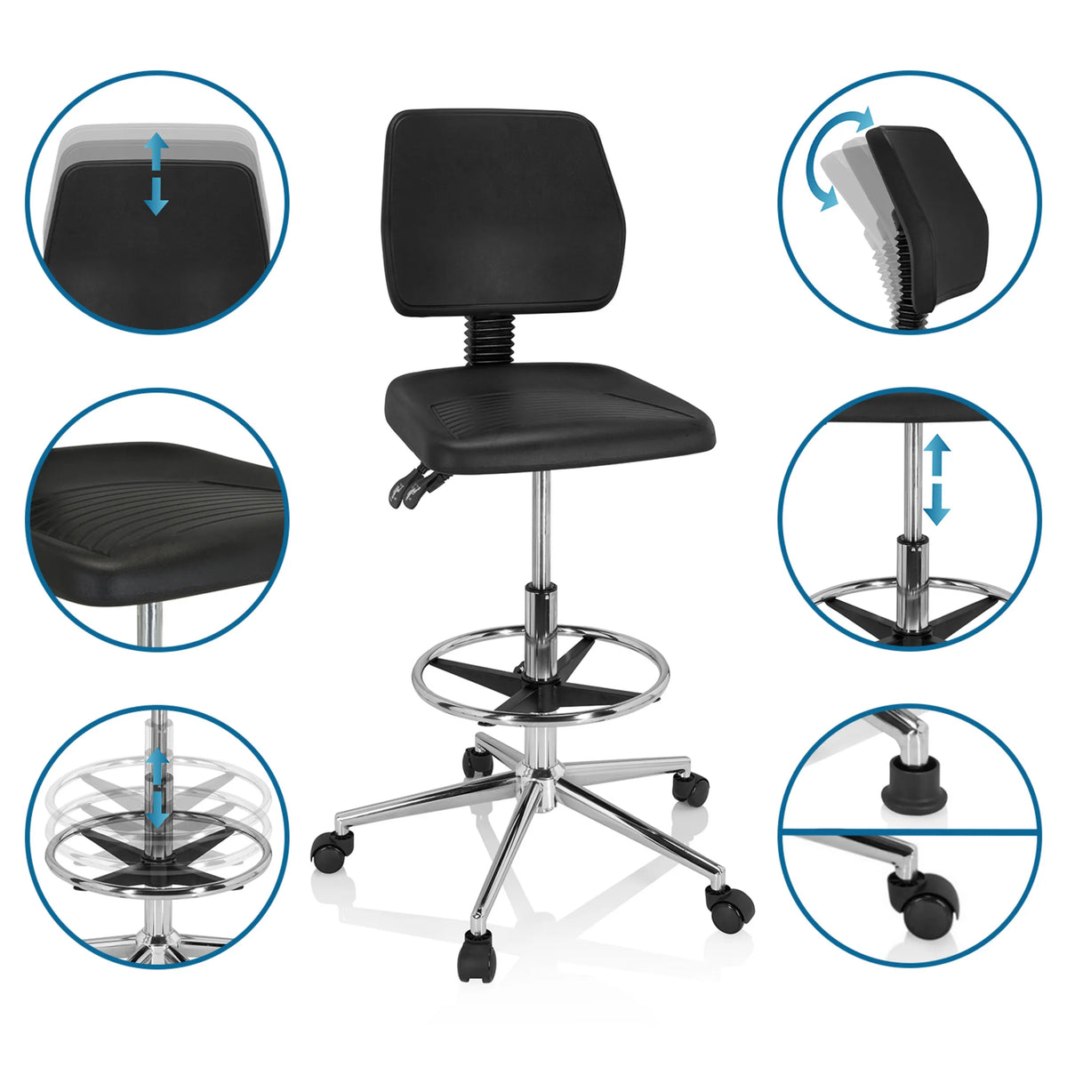 Funciones ajustables de la silla de mostrador TOP WORK 11 I en negro con reposapiés y ruedas de hjh OFFICE