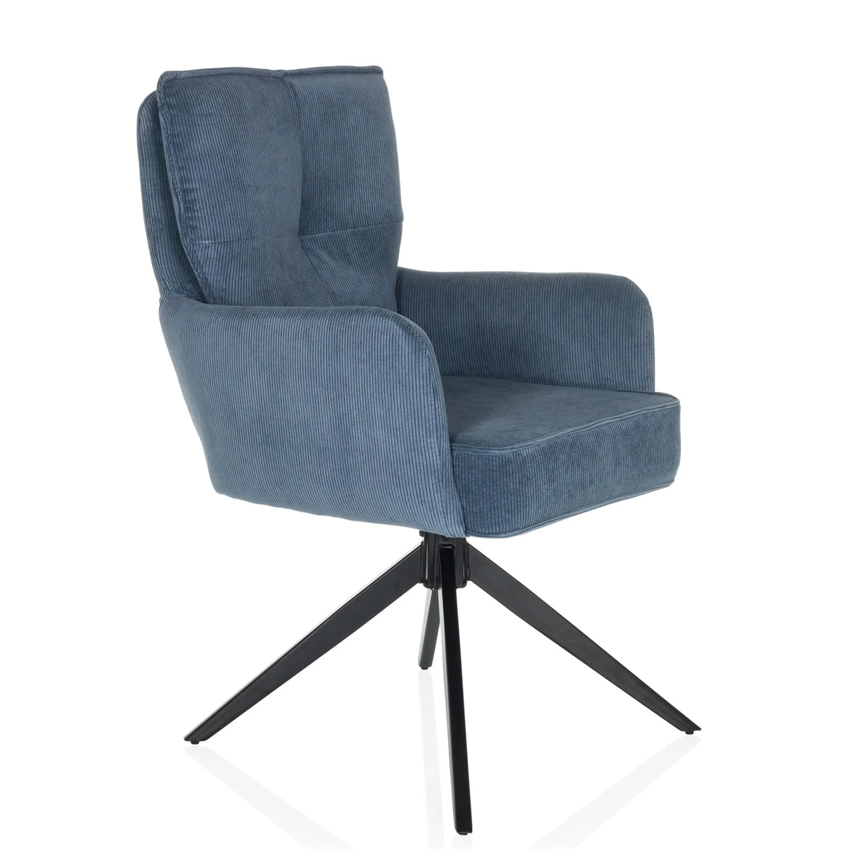 Silla tapizada azul TARUGO con funda de pana y estructura de cuatro patas negra de hjh LIVING – vista de 360° (vista frontal en diagonal 45°)