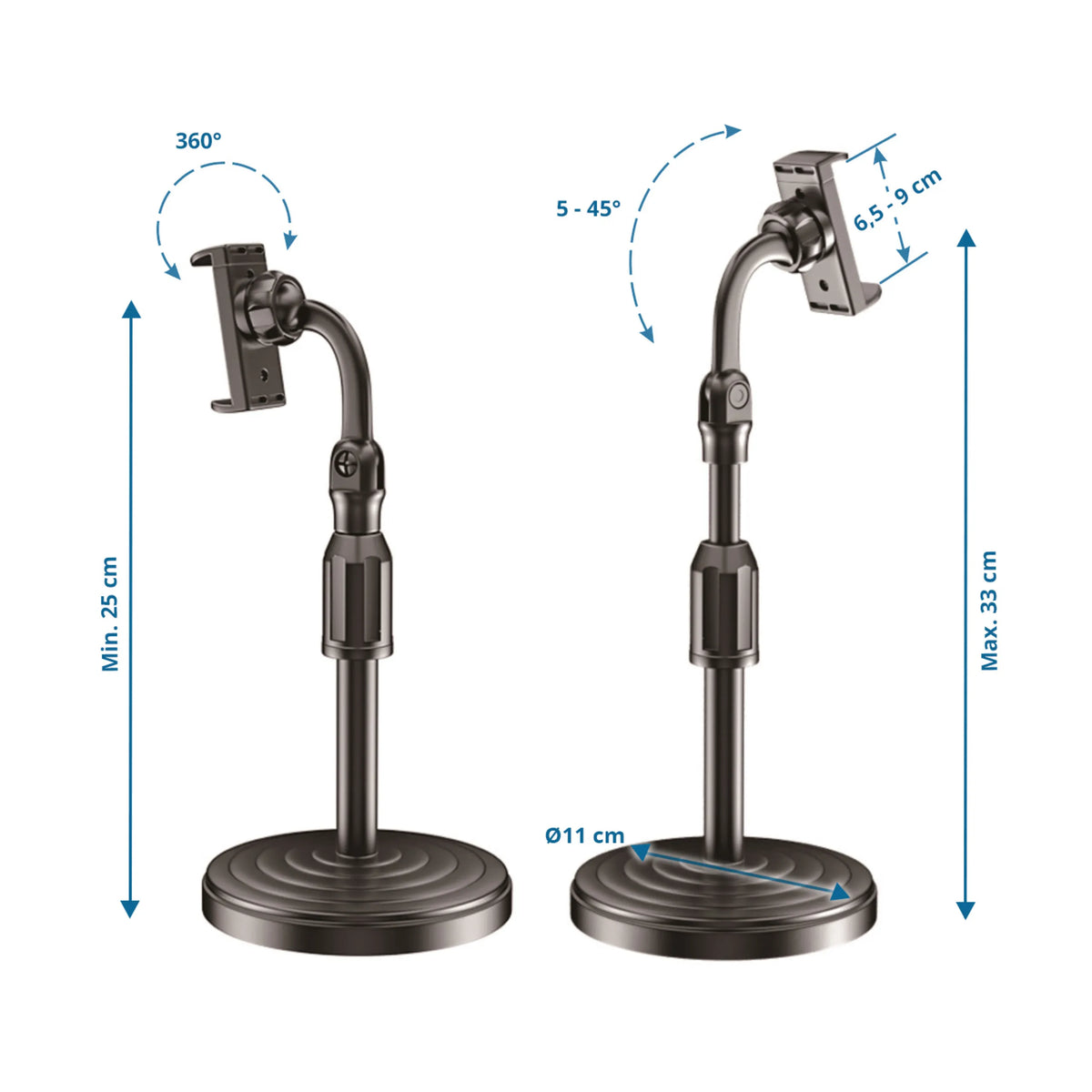 Dibujo técnico del Soporte para teléfono móvil y tableta FLEXMOBI II con una altura máxima de 33 cm de hjh OFFICE