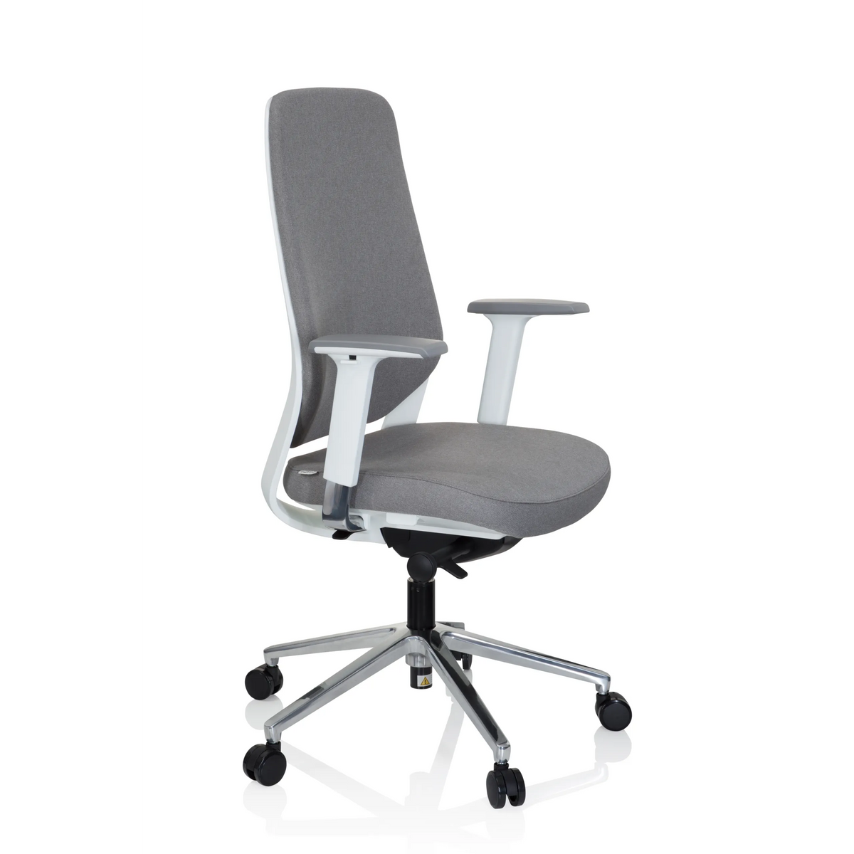 Silla de oficina profesional CHIARO T4 WHITE gris con reposabrazos y una base de cinco ruedas de hjh OFFICE – vista de 360° (vista frontal en diagonal 60°)