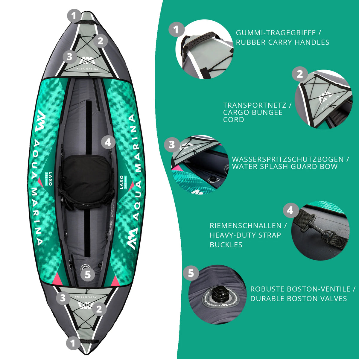 Kayak inflable LAXO-285 en color petróleo con asas, red de transporte y válvulas Boston de Aqua Marina