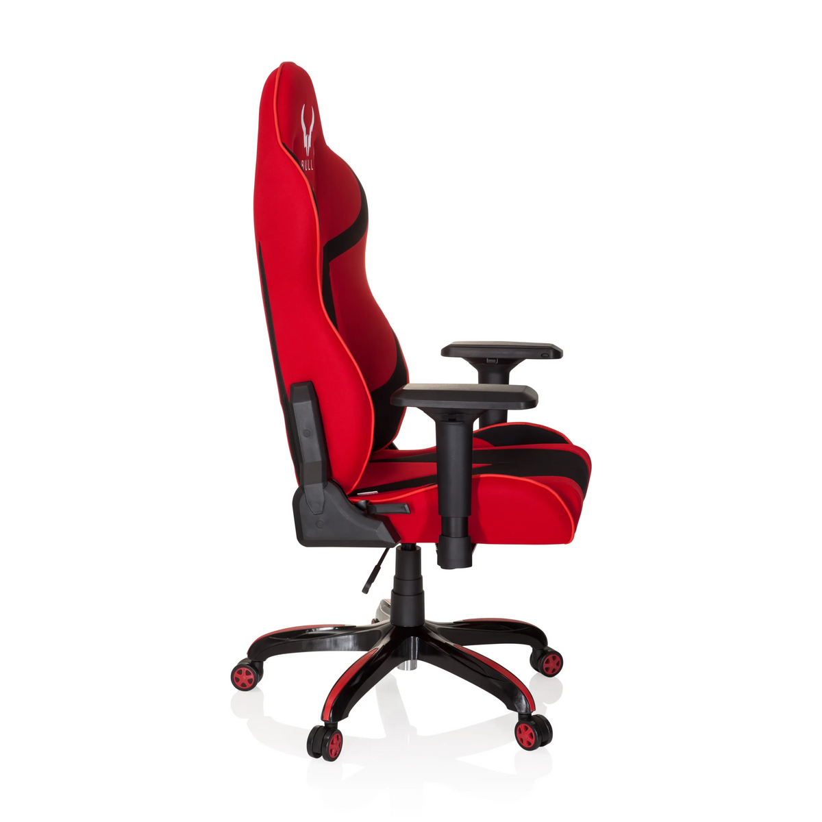 Silla gaming PROMOTER II en rojo y negro con reposabrazos y base de cinco ruedas de hjh OFFICE – vista de 360° (vista lateral 80°)