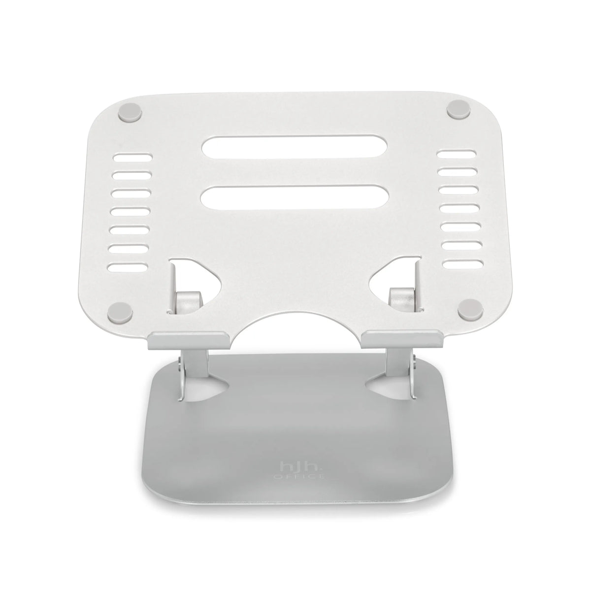 Soporte para portátil LAPTOP STAND plateado con superficie perforada y base de hjh OFFICE – vista de 360° (vista frontal 0°)