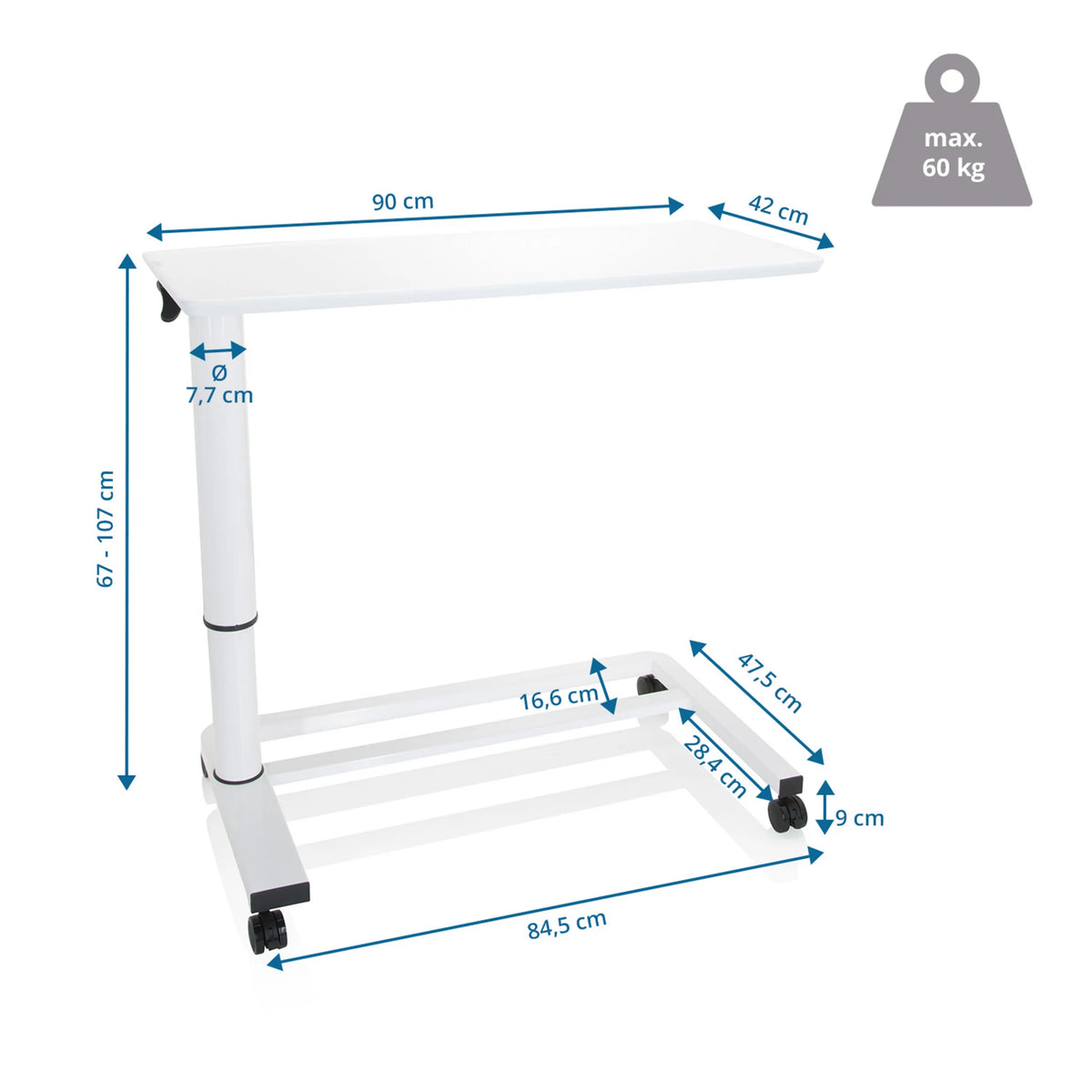 Dibujo técnico del escritorio de pie STAND II con superficie de trabajo de 90 × 42 cm de hjh OFFICE