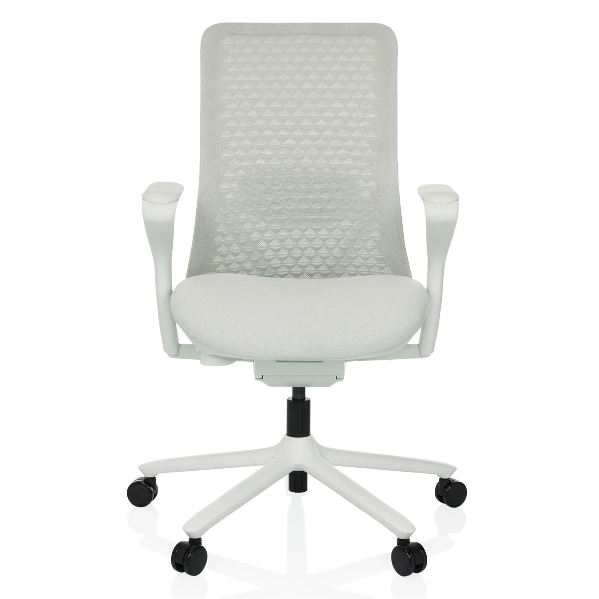 Silla alta gama VERVIO de color gris claro con respaldo de malla y base de cinco ruedas de hjh OFFICE – vista de 360° (vista frontal 0°)