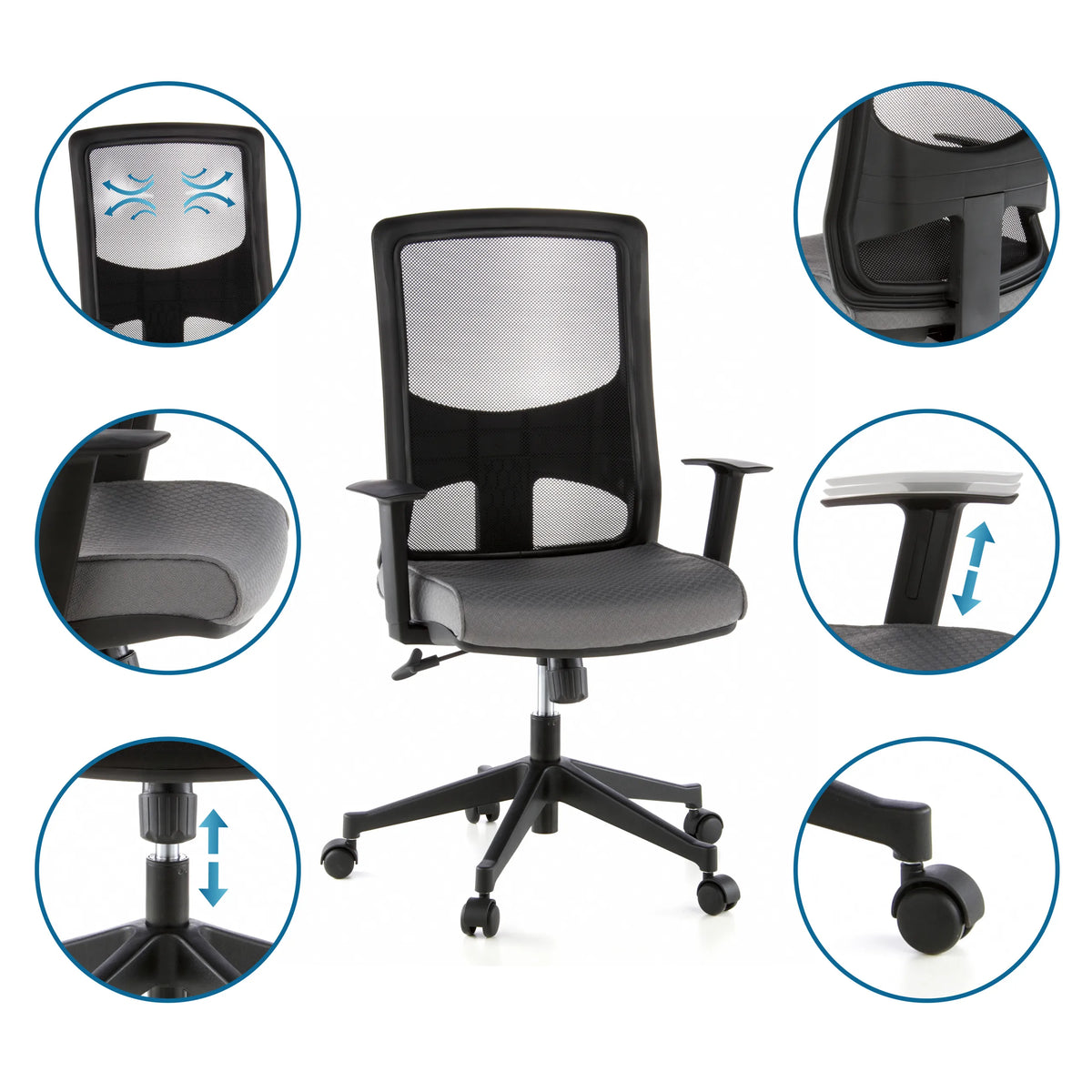 Silla de oficina profesional LAVITA en negro y gris con vistas detalladas del respaldo, el asiento y el muelle de gas de hjh OFFICE