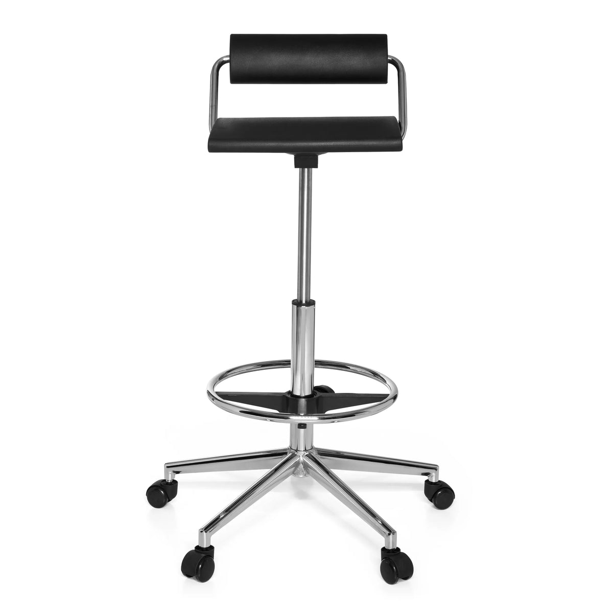 Taburete giratorio negro TOP WORK 28 con anillo reposapiés y base de cinco ruedas de hjh OFFICE – vista de 360° (vista frontal 0°)