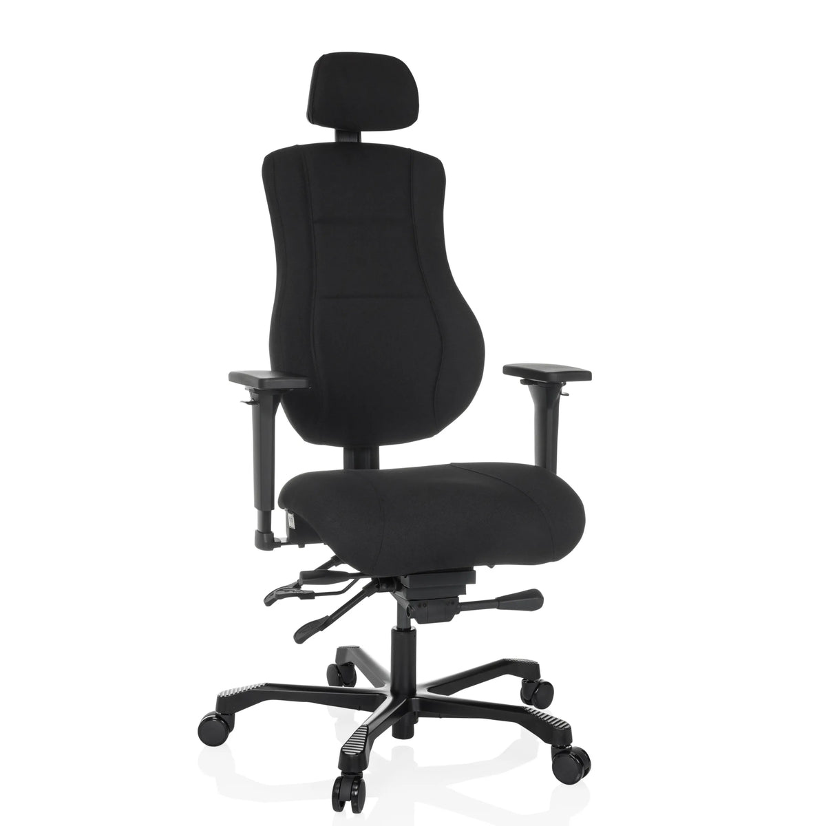 Schwarzer XXL Drehstuhl 24 HOURS BASIC mit Kopfstütze und Fußkreuz mit fünf Rollen von hjh OFFICE – 360-Grad-Ansicht (Frontansicht 15°)