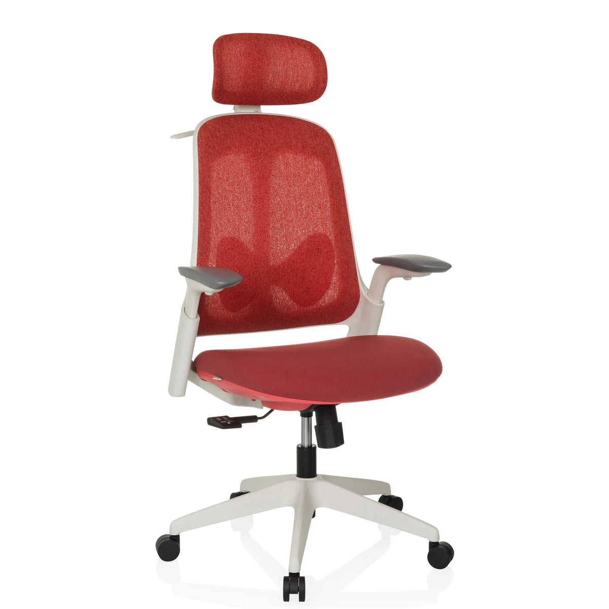 Silla de oficina profesional ARCEO WF roja con respaldo de malla y base blanca de cinco ruedas de hjh OFFICE – vista de 360° (vista frontal en diagonal 30°)