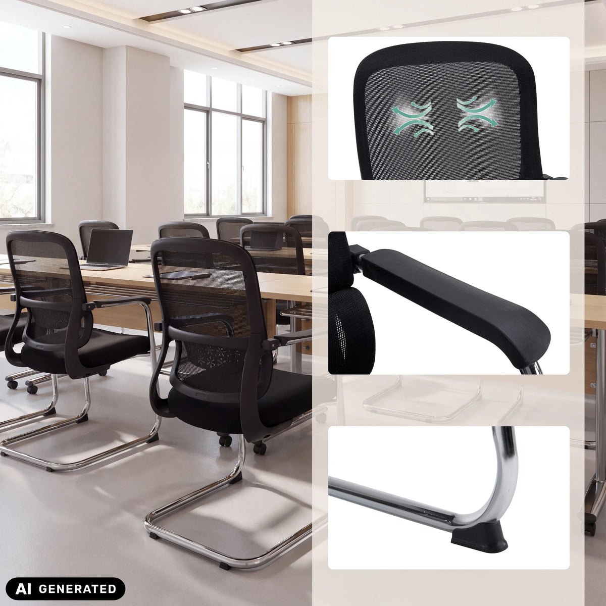Silla de viga voladiza Ergomy Meet negra con respaldo de malla, reposabrazos y estructura de cromo de hjh OFFICE (imagen generada por IA)