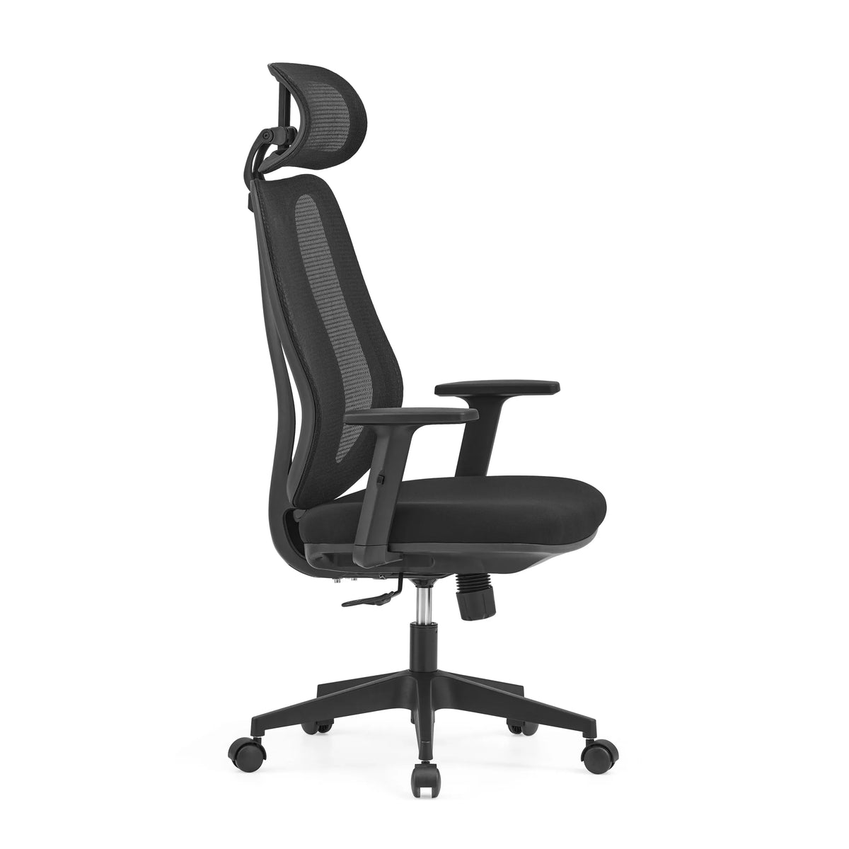 Silla de oficina profesional Filaro en color negro con respaldo de malla, reposacabezas y base de cinco ruedas de hjh OFFICE – vista de 360° (vista lateral 75°)