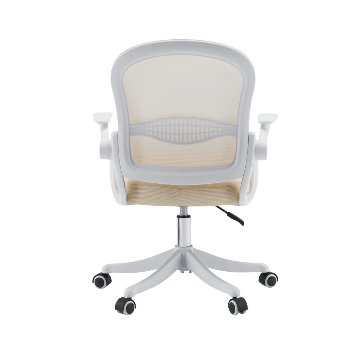 Parte posterior de la Silla Home Office Naluro en beige con respaldo de malla y base blanca de hjh OFFICE